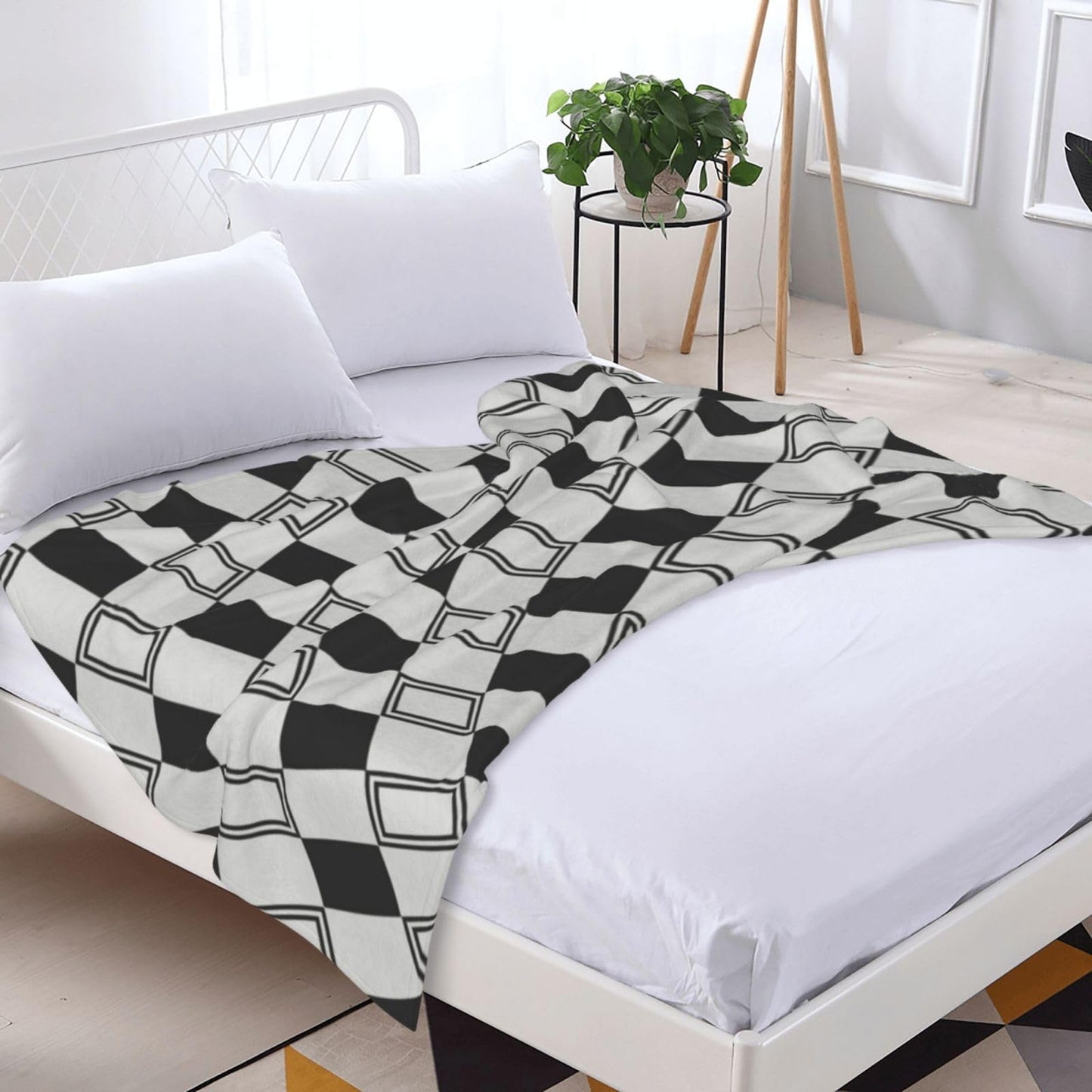 Coipdfty Checkered Blanket Plaid Throw Blanket Soft Cozy Flannel Blanket for Couch Bed (Black Oblique Rectangles, Throw 50"x60")