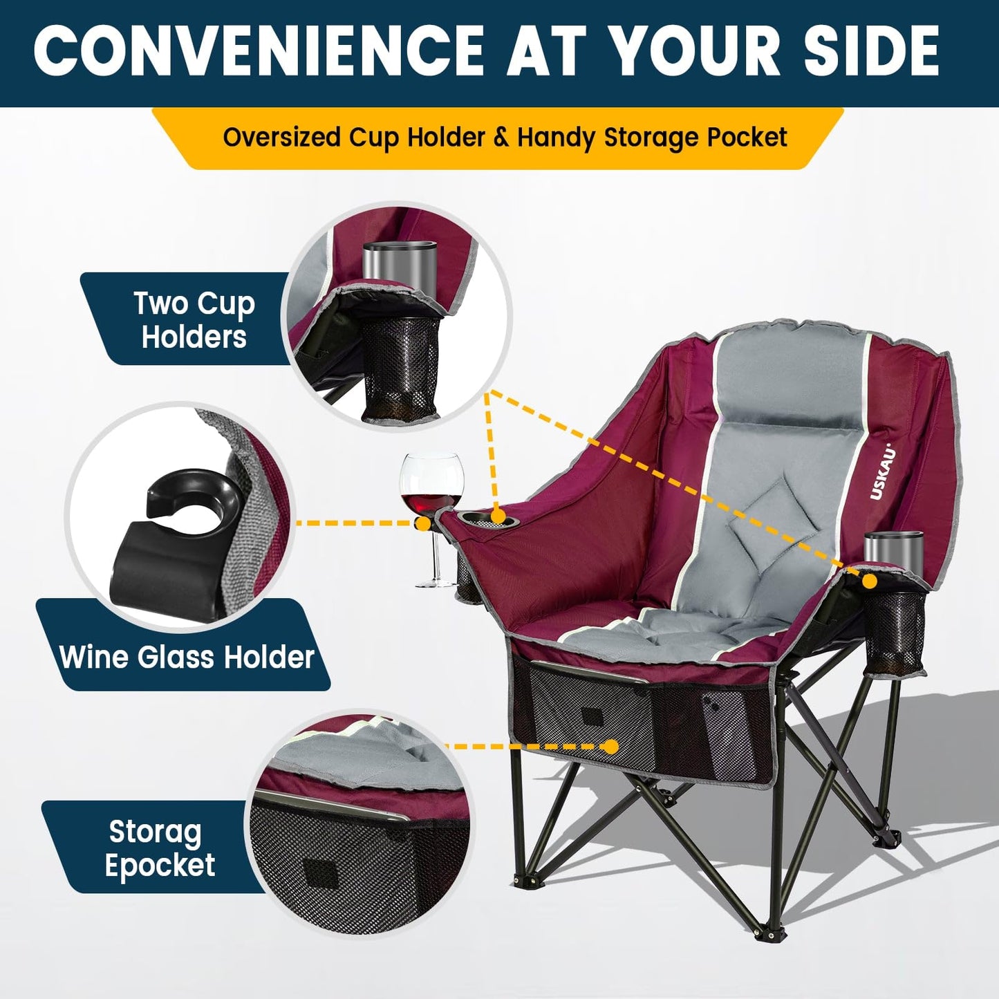 USKAU Oversized Camping Chair for Large Adults Heavy Duty 400 lbs Capacity, Comfortable Padded Folding Lawn Chair with Back & Headrest Support and Cup Holder, Portable Outdoor Chair with Carry Bag