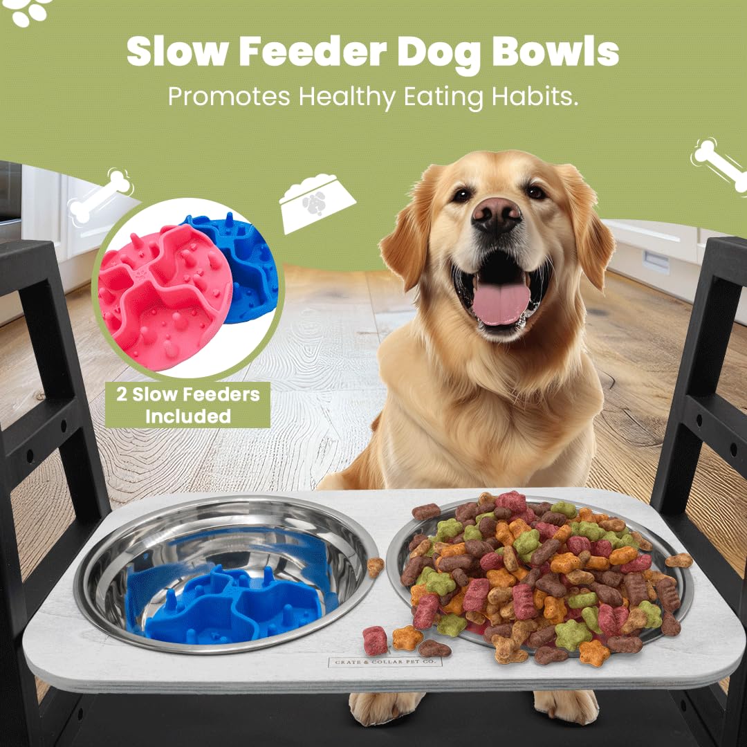 Elevated and Raised Dog Bowl Stand with 2 Stainless Steel Bowls Included- 3 Height Adjustable Dog Food Stand - Multi Slow Feeder Bowls Included