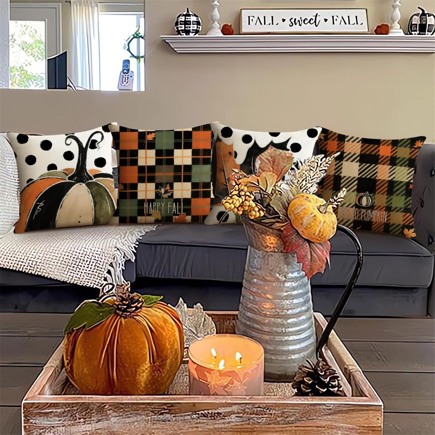 NIGHTWISH Fall Pillow Covers 18x18 Set of 4 Thanksgiving Farmhouse Decorations Polka Dots Pumpkin Maple Leaf Outdoor Fall Decor Throw Pillow Covers Checkered Harvest Autumn Cushion Case for Sofa Couch