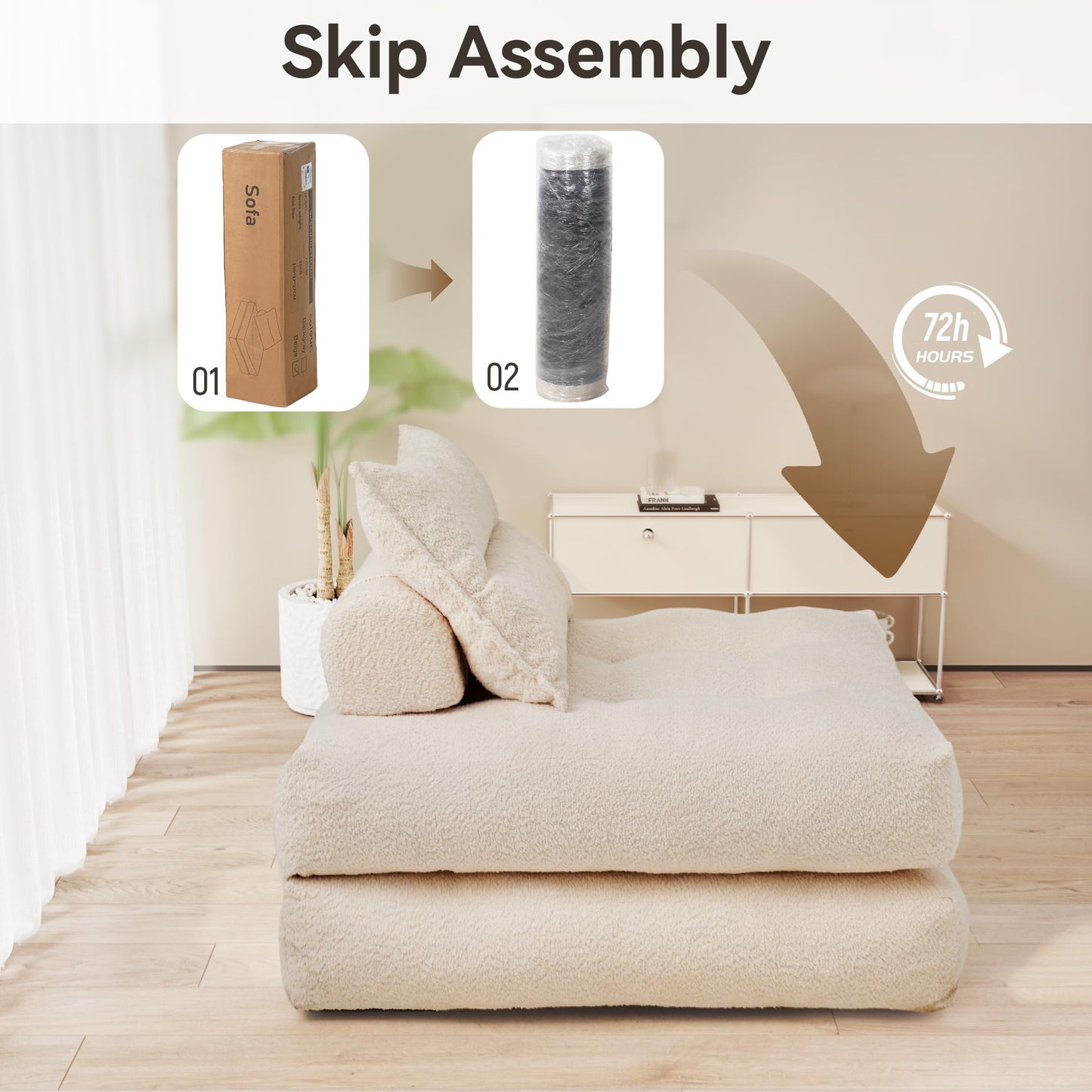 MONVANE Folding Sofa Bed - Ergonomic Foldable Sleeper Chair for Living Room/Dorm/Office, Teddy Velvet Futon Couch, Lounge Sofa, Convertible Floor Mattress, Lazy Sofas with Headrest Lumbar Pillow,Beige