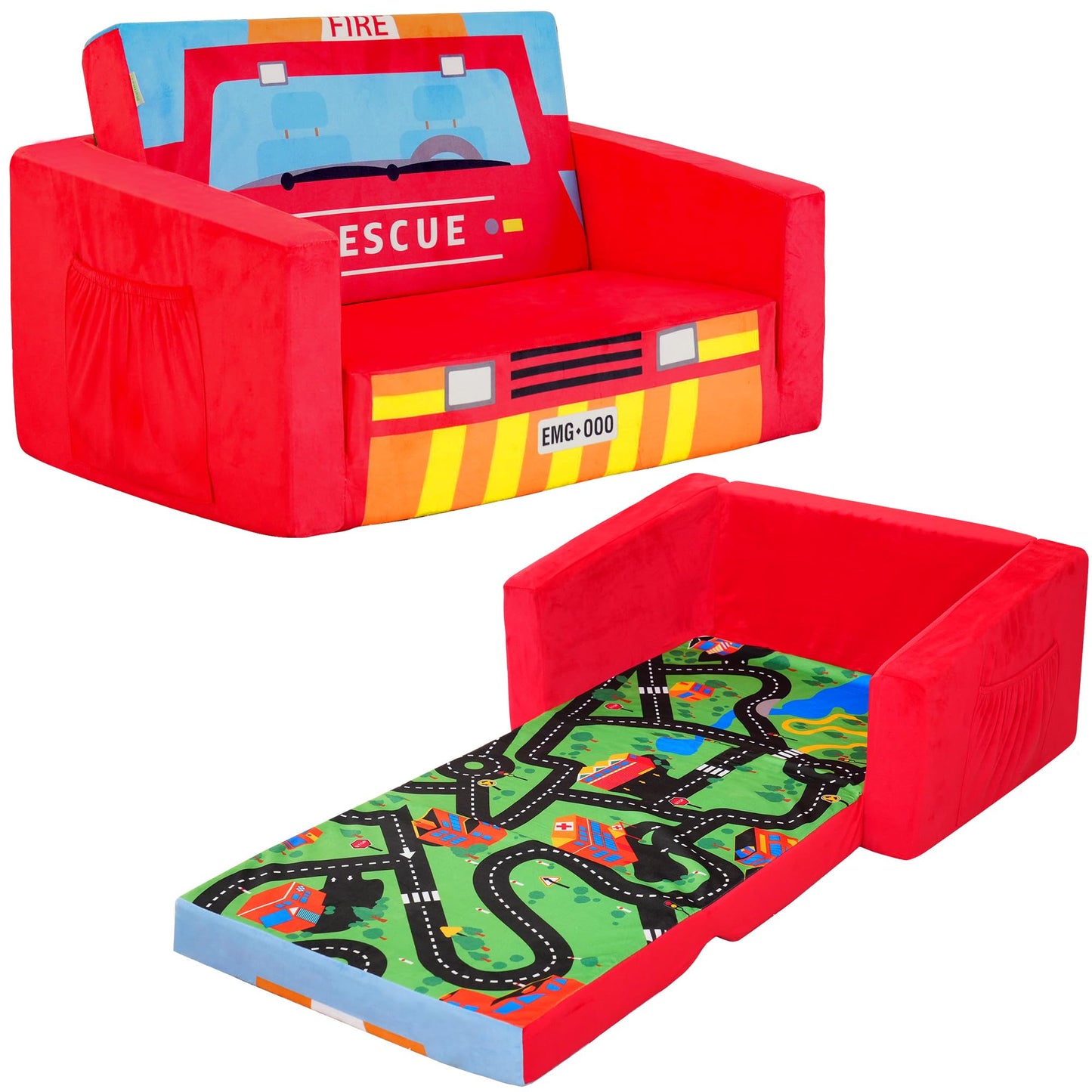 MallBest Kids Sofas Children's Sofa Bed Baby's Upholstered Couch Sleepover Chair Flipout Open Recliner(Red/Fire Truck)