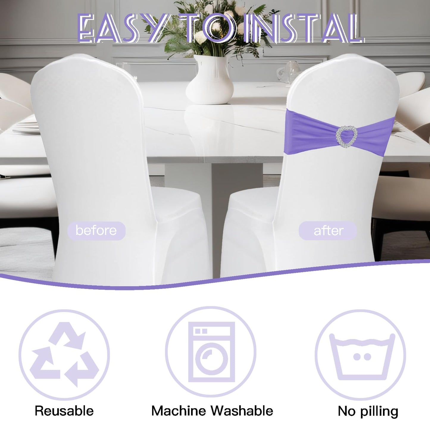 Zrlljp 100PCS Spandex Purple Chair Sashes Bows Universal Stretch Elastic Chair Cover Band Ties with Buckle Slider for Wedding Banquet Birthday Party Reception Event Decoration