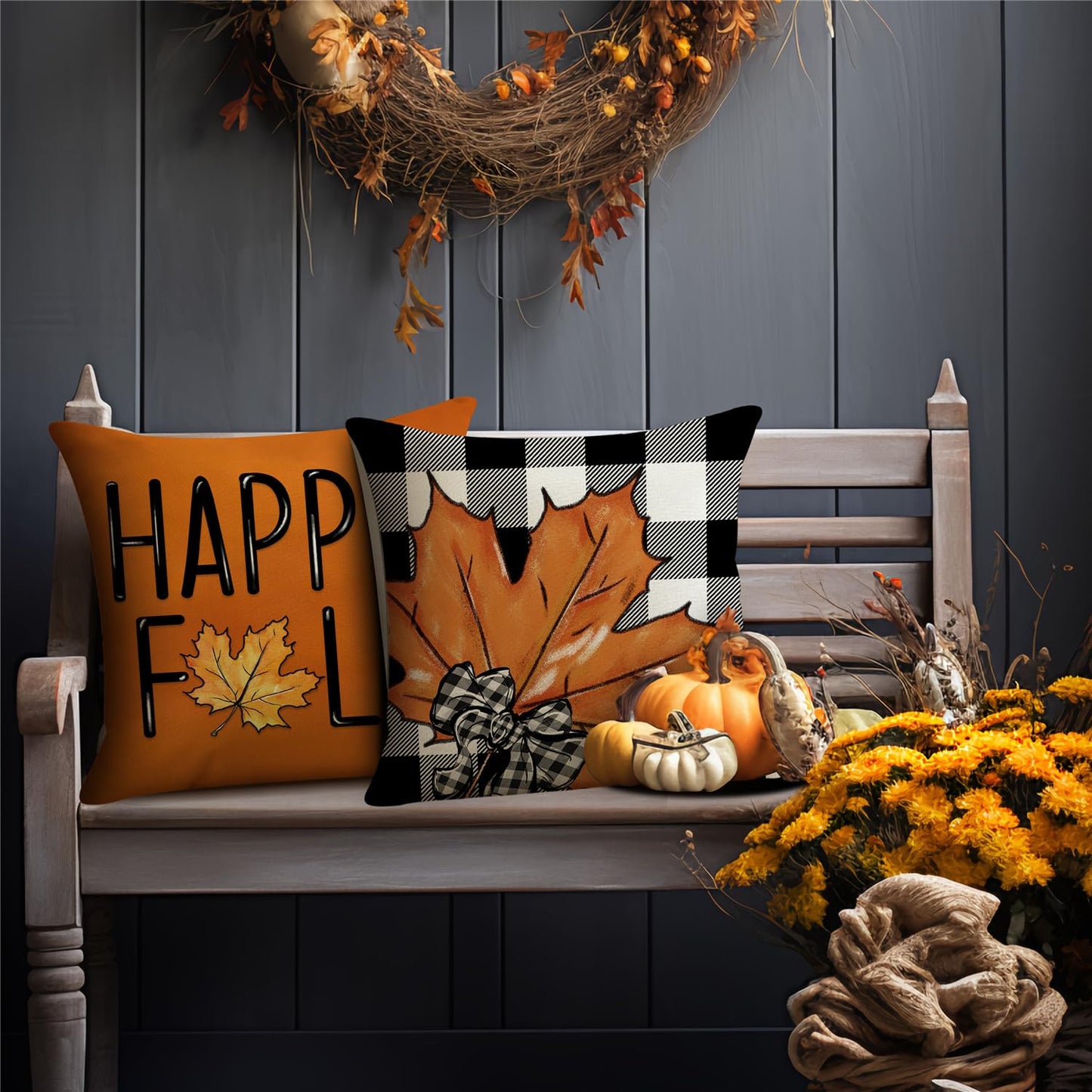 MODOVOS Fall Maple Leaf Pumpkin Throw Pillow Covers Thanksgiving Farmhouse Decorations Buffalo Plaid Outdoor Fall Decor Pillow Covers 18x18 Set of 4 Harvest Autumn Cushion Case for Sofa Couch