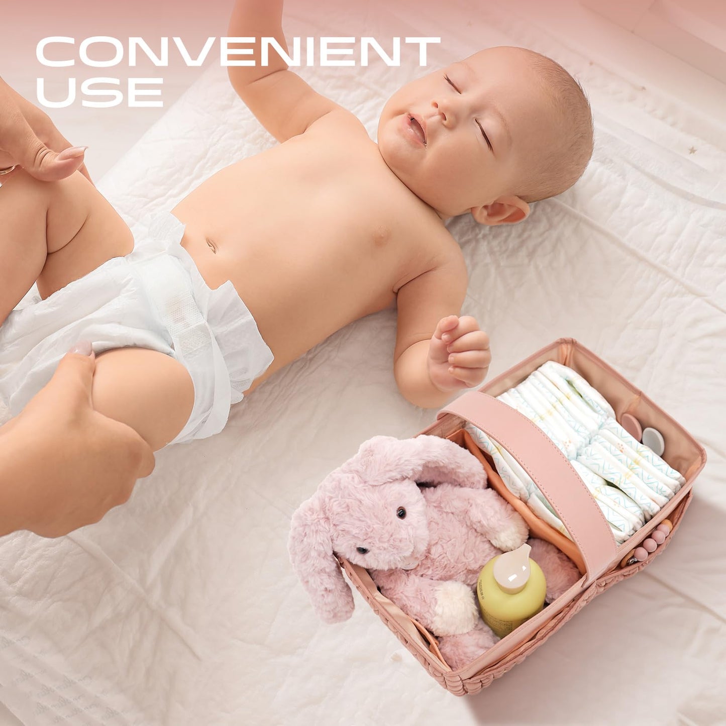 LUKJOJO Luxurious Baby Diaper Caddy, Nursery Storage Basket for Newborn Boy and Girl, Travel Baby Basket for Diapers Baby Wipes, Organizer Tote Bag Storage Bin, Baby Shower Gifts(dusty rose)