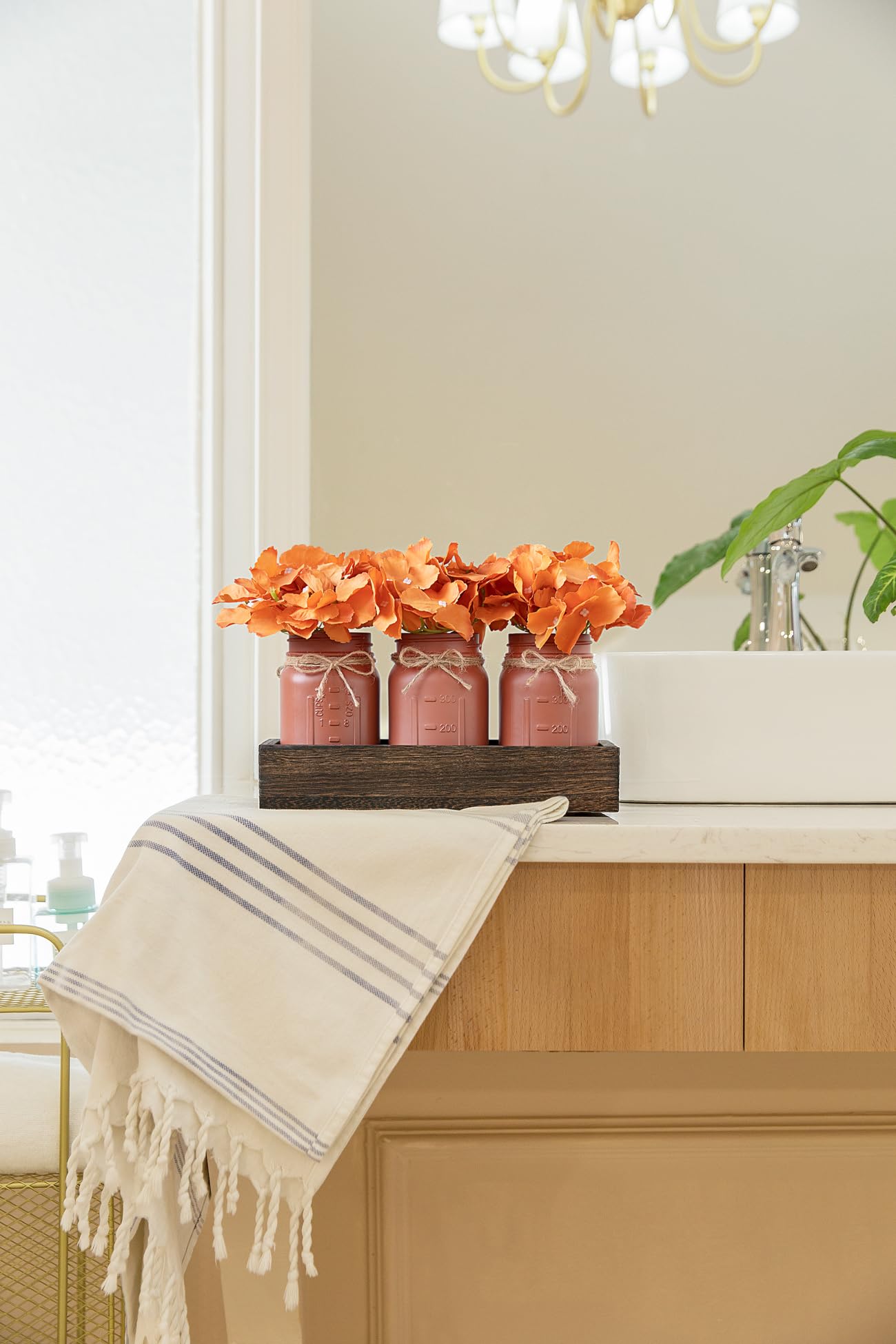 Mkono Mason Jar Centerpiece Table Decor For Dining Room Farmhouse Wood Tray With 3 Painted Jars Flowers Summer Decoration For Coffee Table Kitchen Living Room Wedding