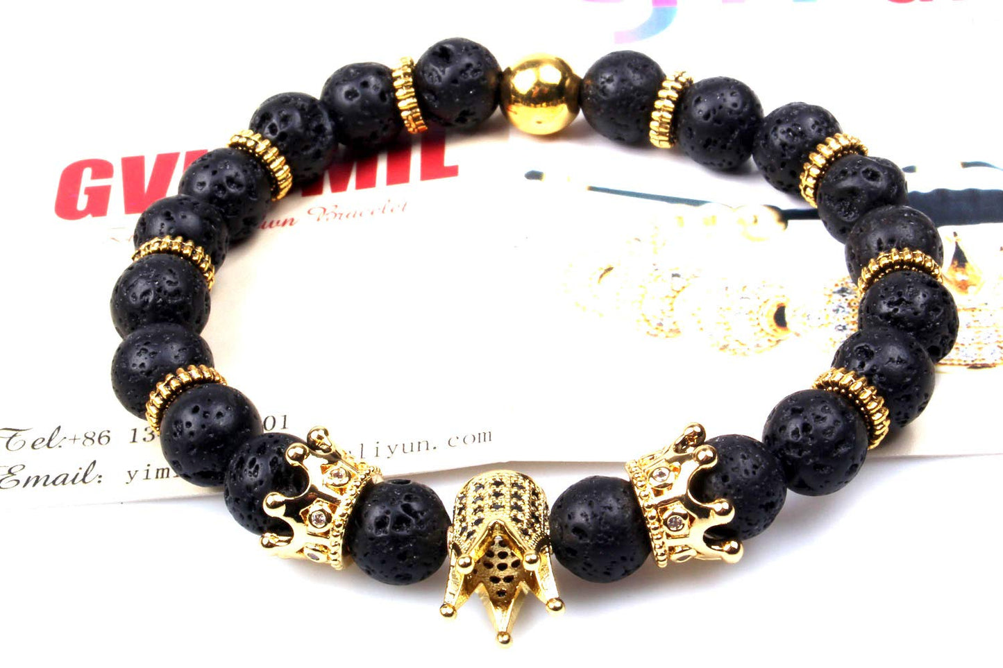 GVUSMIL Imperial Crown Bead Bracelet King&Queen Luxury Charm Couple Jewelry for Women Men (Black Lava Rock)
