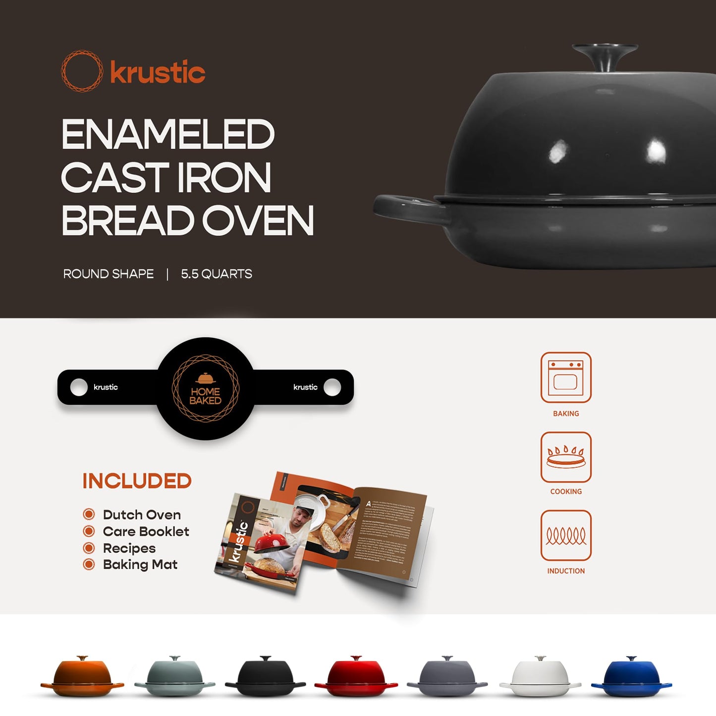 Krustic Enameled Cast Iron Dutch Oven for Sourdough Bread Baking | 6 Quart Pot with Lid | 10 Inch Ceramic Enamel Thick Coated Cookware Set with Non Stick Silicone Baking Mat for Cooking (Grey)