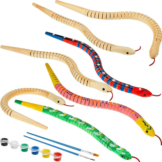BBTO 30 Pieces Wooden Snake Bulk Jointed Flexible Unfinished Wooden Wiggly Snake with 12 Colors Acrylic Craft Paint and Paint Brush for Arts and Crafts Reptile Party Decoration