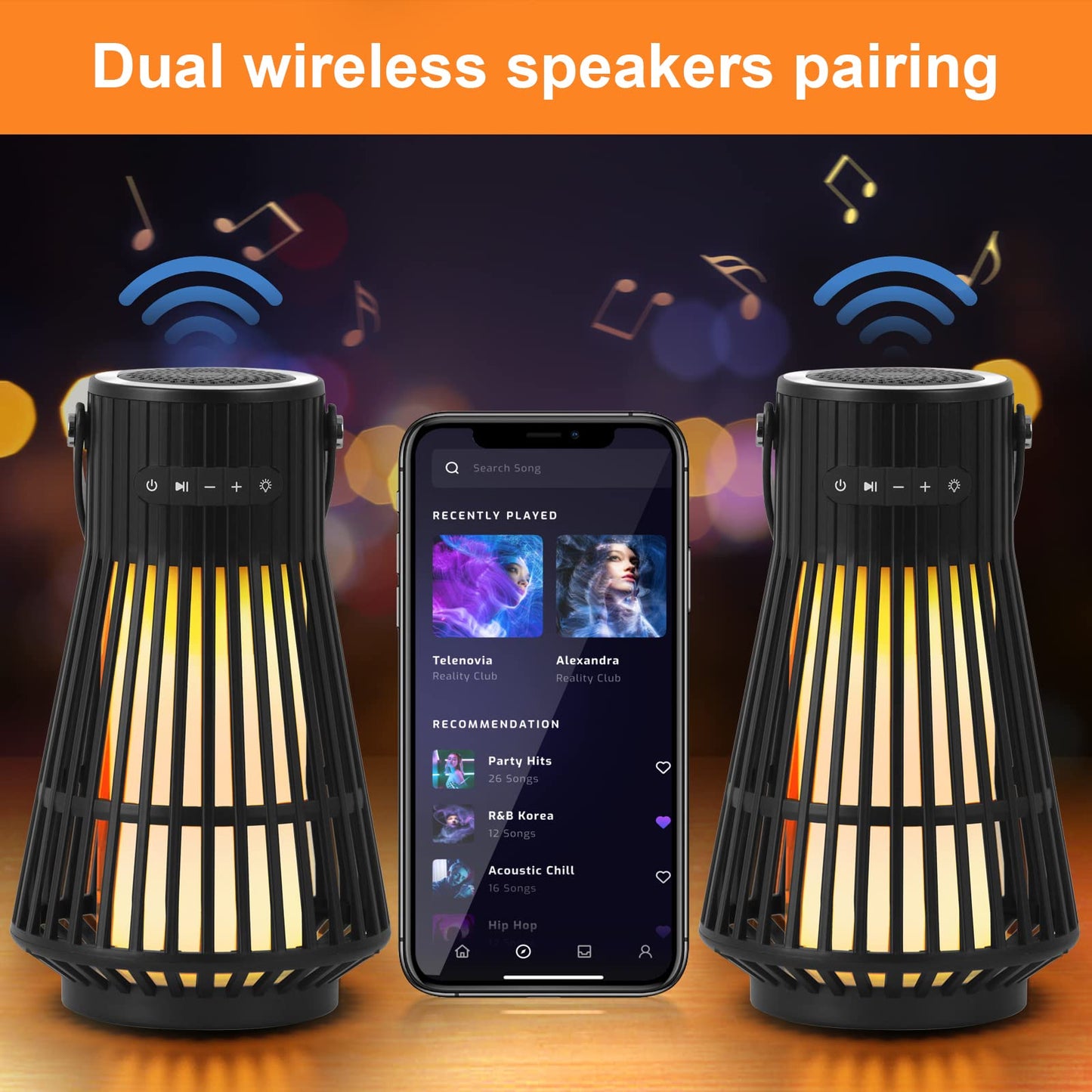 Outdoor Bluetooth Flame Speaker, Tesoorda LED Flickering Flame Effect Speaker with Torch Light, Portable Waterproof Wireless Speaker with Wall Mounted Hook&S Hook&Stake for Camping, Deck, Patio, 2Pack