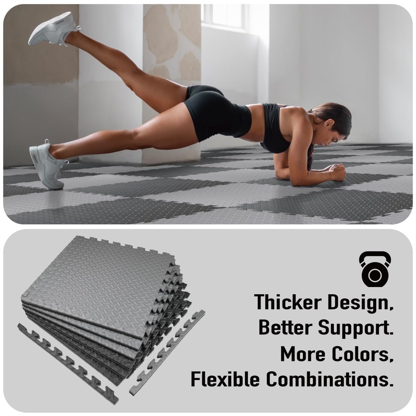 AIRHOP Upgraded 0.79" Extra Thick 48 Sq Ft High-Density Eva Foam Exercise Gym Mats, 12 Pcs Large Interlocking Puzzle Floor Tiles (24"x24") for Home Gym, Black&Gray