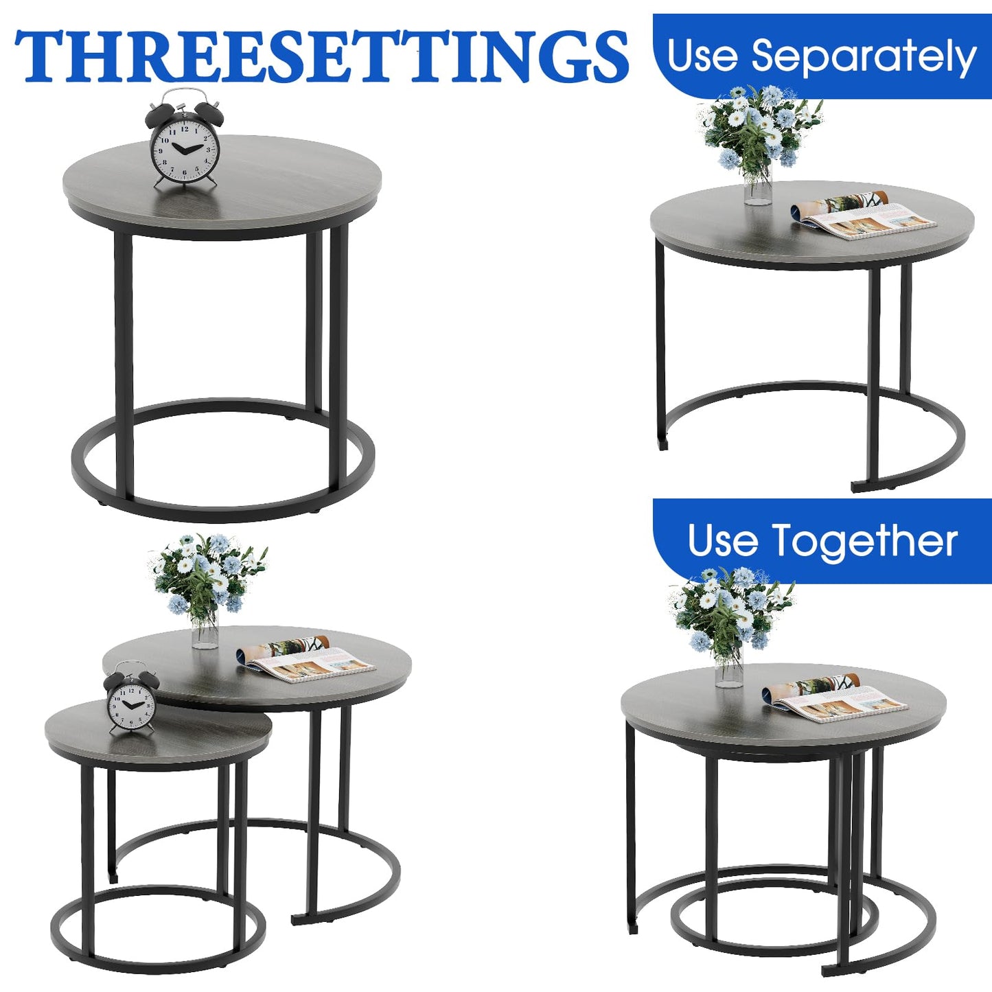 VILAWLENCE Nesting Coffee Table Set of 2, Modern Round Side Table End Tables for Living Room Bedroom Balcony,Grey Wooden Stacking Accent Coffee Tables with Metal Frame