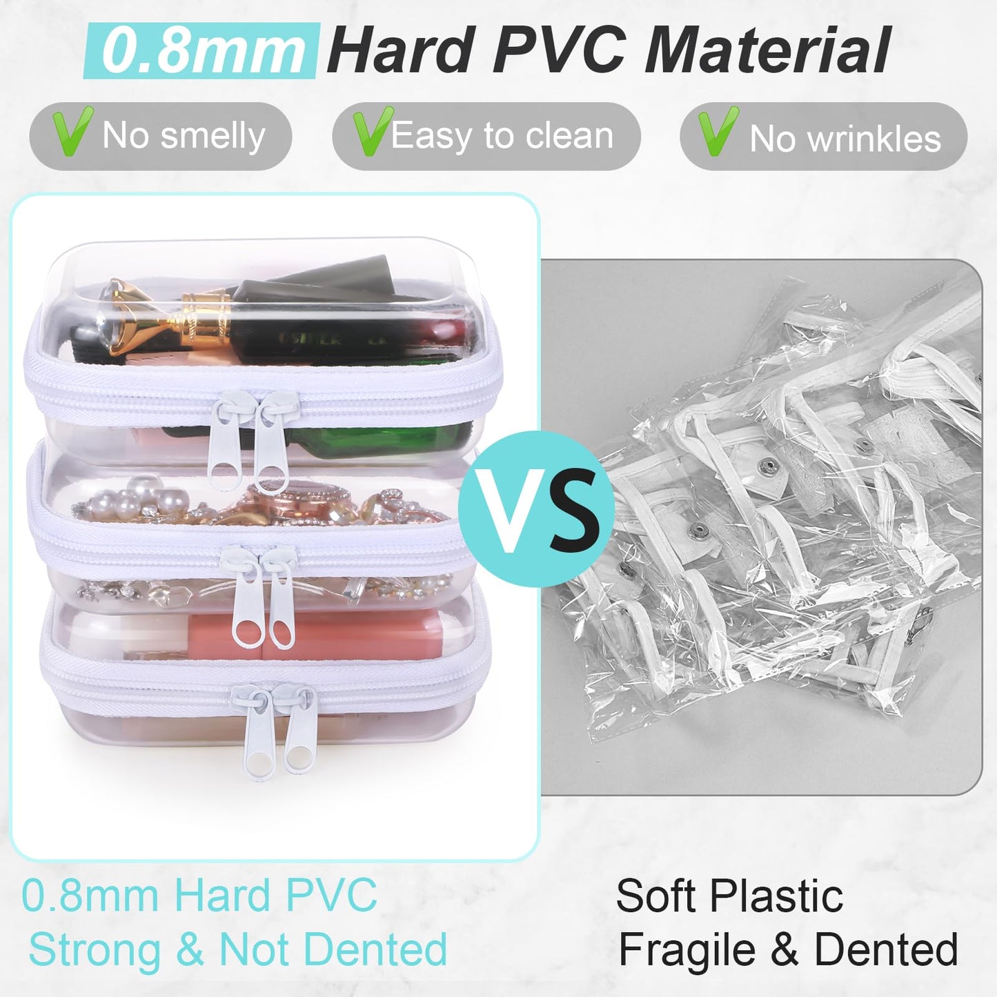 Hoolerry 3 Pcs Clear Hard Zipper Case Plastic Pouch Transparent Hard Case Clear Makeup Bag Portable Travel Organizer Bin for Cosmetics, Building Blocks, Puzzles(White,S)