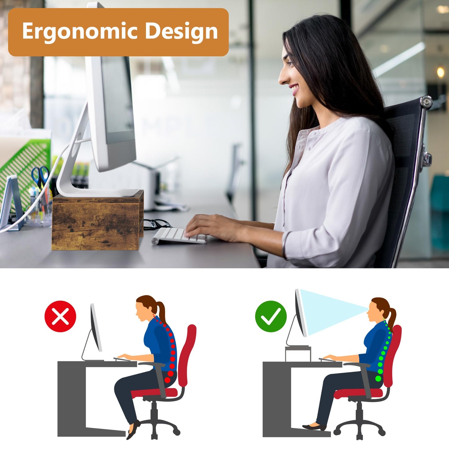 Wood Monitor Stand for Desk, 2 Tier Anti-slip Monitor Riser for Desktop with Phone Slot, Sturdy Computer Stand with Storage Shelves, Sturdy Laptop Riser Monitor Shelf, Easy to Assemble, Rustic Brown