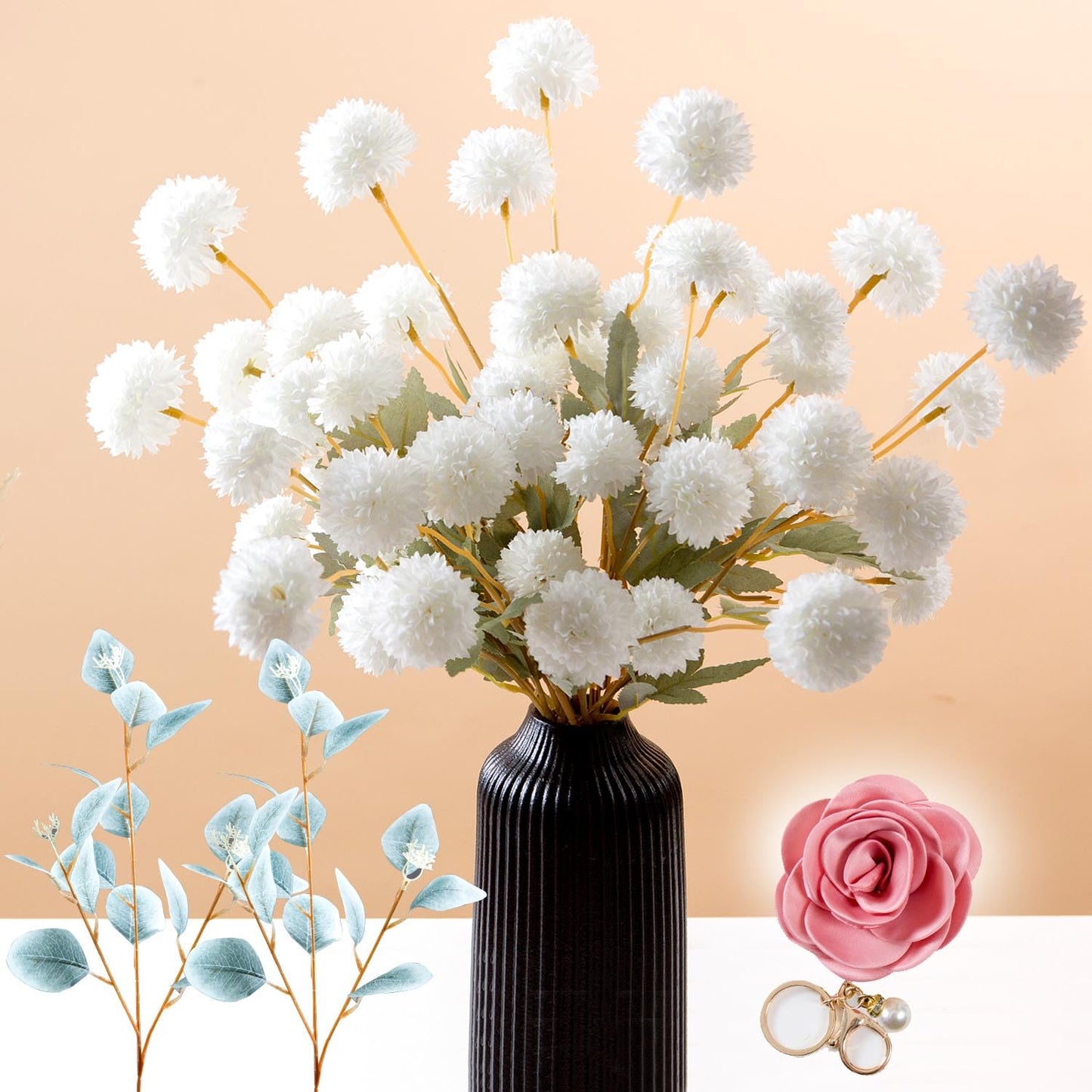 Faux Kiku Flower White, 10 Stems & 2 Eucalyptus Stems, Fall Mini Chrysanth with Stems for Thanksgiving Wedding Home Floral Arrangement Decoration (White)