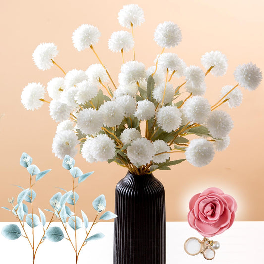 Faux Kiku Flower White, 10 Stems & 2 Eucalyptus Stems, Fall Mini Chrysanth with Stems for Thanksgiving Wedding Home Floral Arrangement Decoration (White)