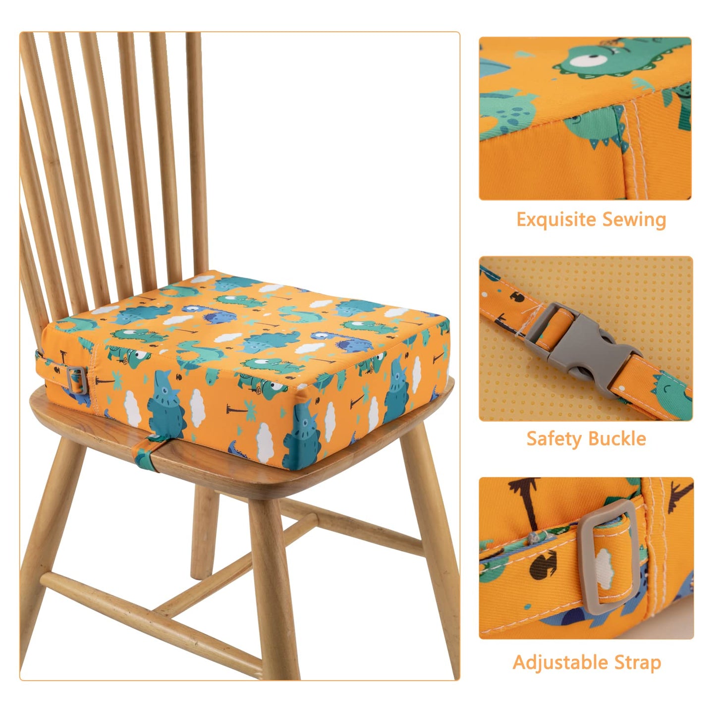 Toddler Booster Seat for Dining Table Kitchen Chair, Stronger Support Double Safe Straps Portable Booster Seat Dining Toddler, High Cushion for Travel Home with Non-Slip Bottom (Orange)