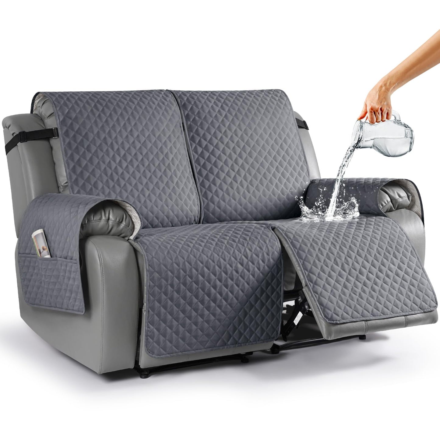 TAOCOCO Loveseat Recliner Cover Non-Slip Sofa Slipcover, Pet Cover for Loveseat Recliner with Elastic Straps, Washable Reclining Loveseat Covers Recliner Furniture Protector (2 Seater, Dark Grey)