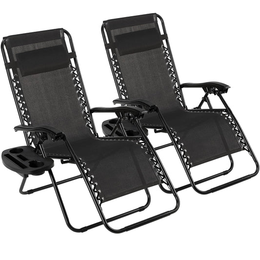 TLSUNNY Zero Gravity Chair Set of 2, Outdoor Folding Lounge W/Detachable Headrest & Holder Tray, Adjustable Textilene Lawn Reclining, No Assembly Required, for Patio, Garden, 330LBS (1, Black)