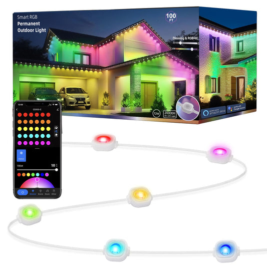 rosykite Permanent Outdoor Lights for House, 100ft Smart RGB+IC Color Outdoor Lights with 63 Scene,IP67 72 LED Eaves Lights for Holiday, Christmas, Daily Lighting, Smart Life APP Control, C5103-A