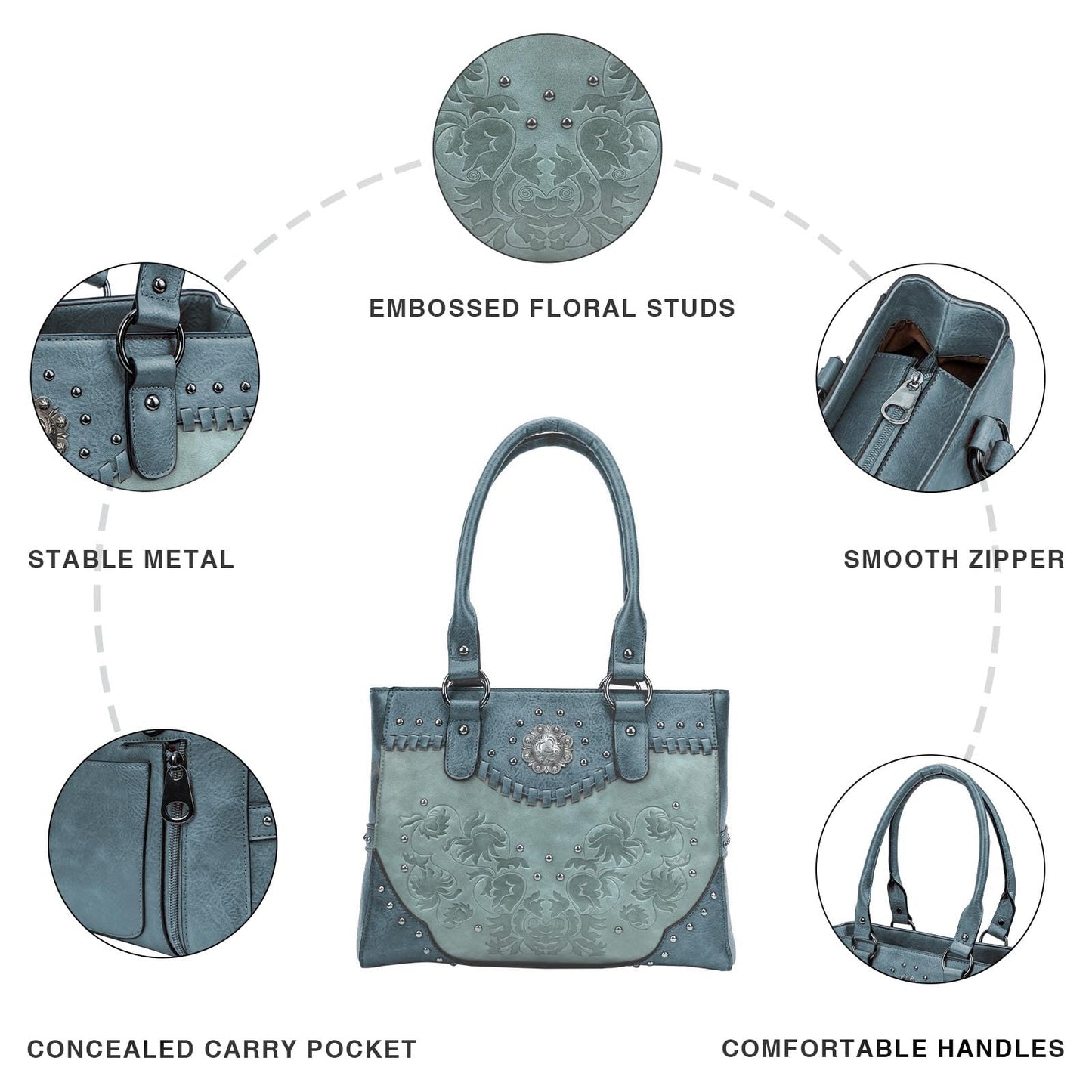 LAVAWA Tote Bag for Women Large Western Purse Ladies Top Handle Shoulder Handbags Vintage Embossed Concho Studs (Blue)