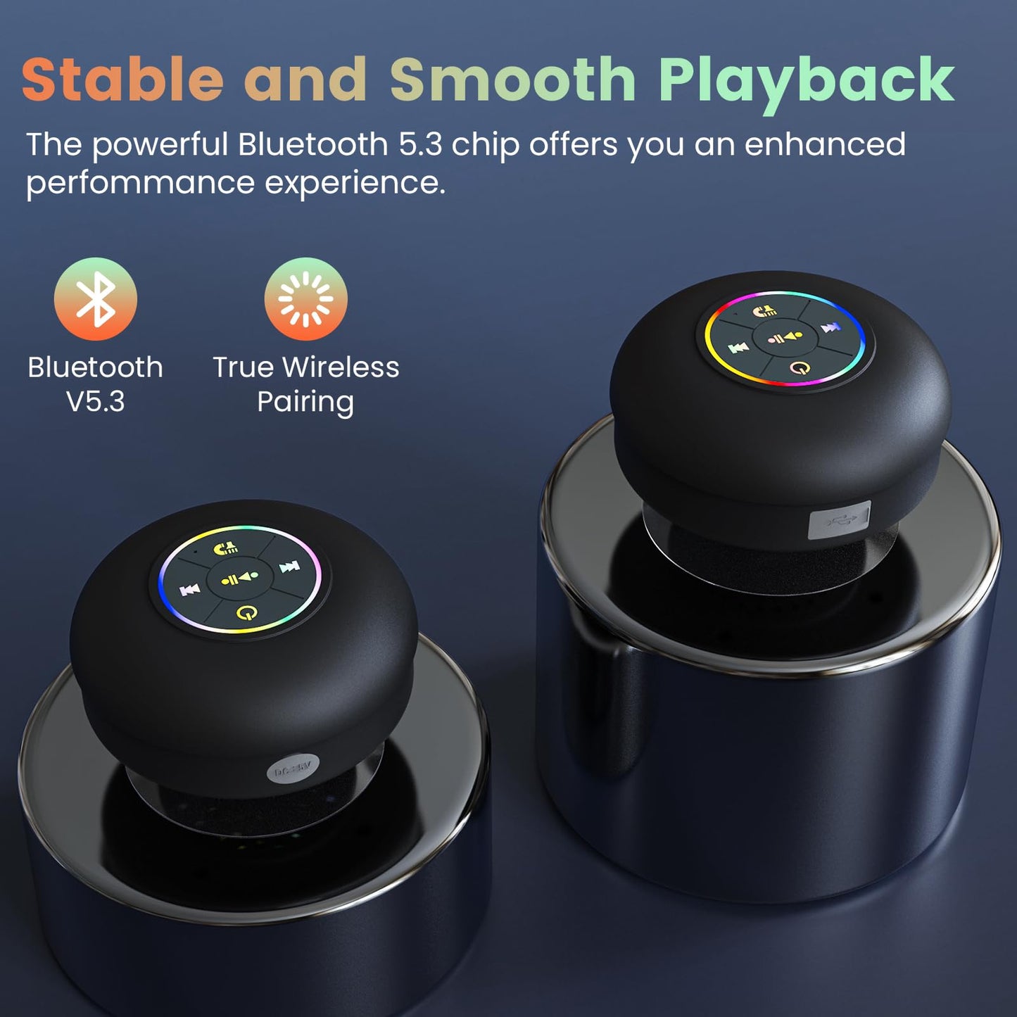 Large Suction Cup Waterproof Bluetooth Speaker LED Light Light Waterproof Bathroom Bluetooth Speaker (Black)