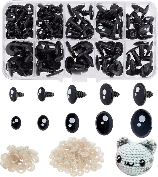 PH PandaHall 200pcs Kawaii Safety Eyes, 5 Sizes Craft Eyes Black Stuffed Animal Eyes Kawaii Eyes with Washers Oval Resin Felt Eyes for Amigurumi Puppet Teddy Bear Crochet Plush Animal Making