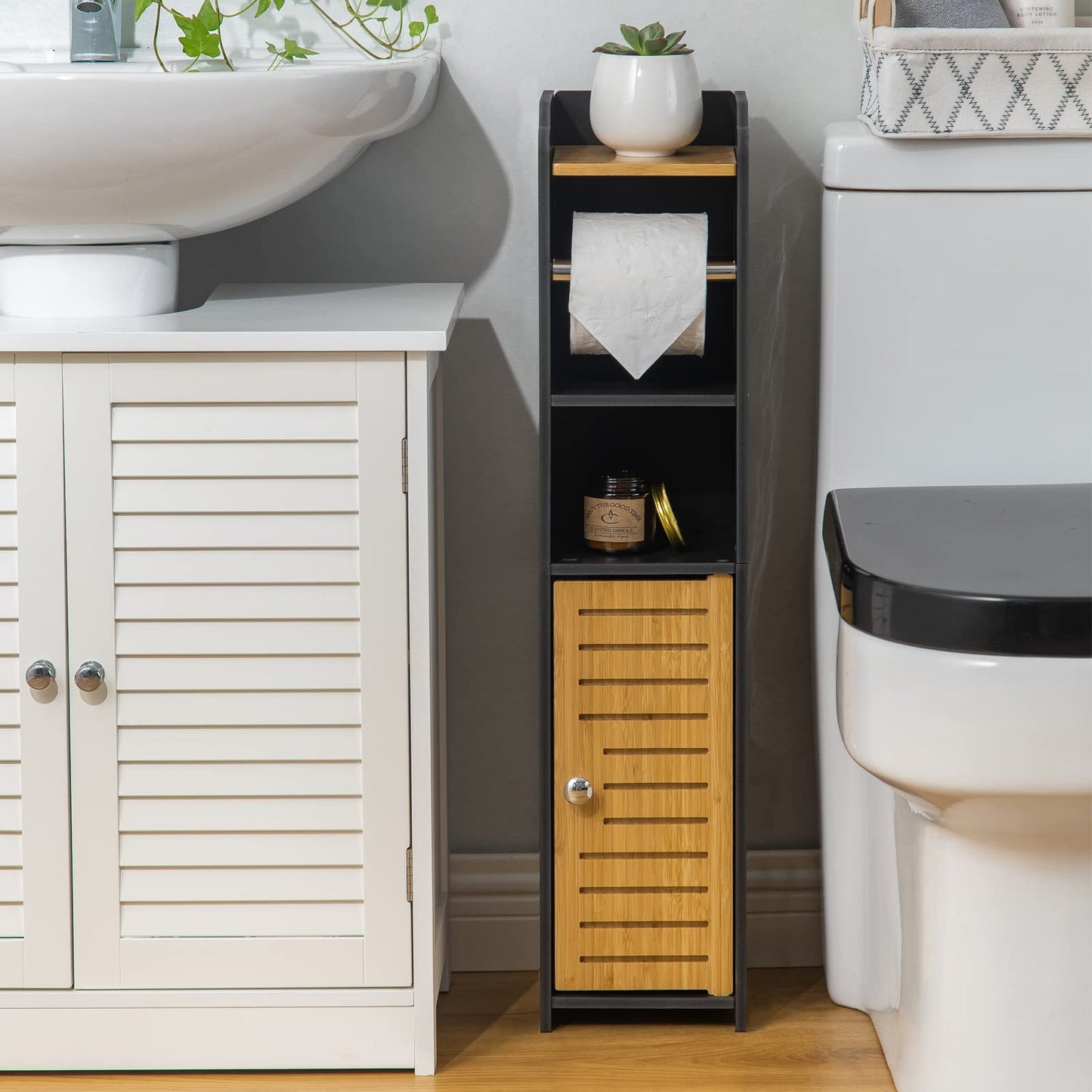 AOJEZOR Toilet Paper Holder Stand: Bathroom Storage Cabinet Beside Toilet for Small Space Bathroom with Toilet Roll Holder - White