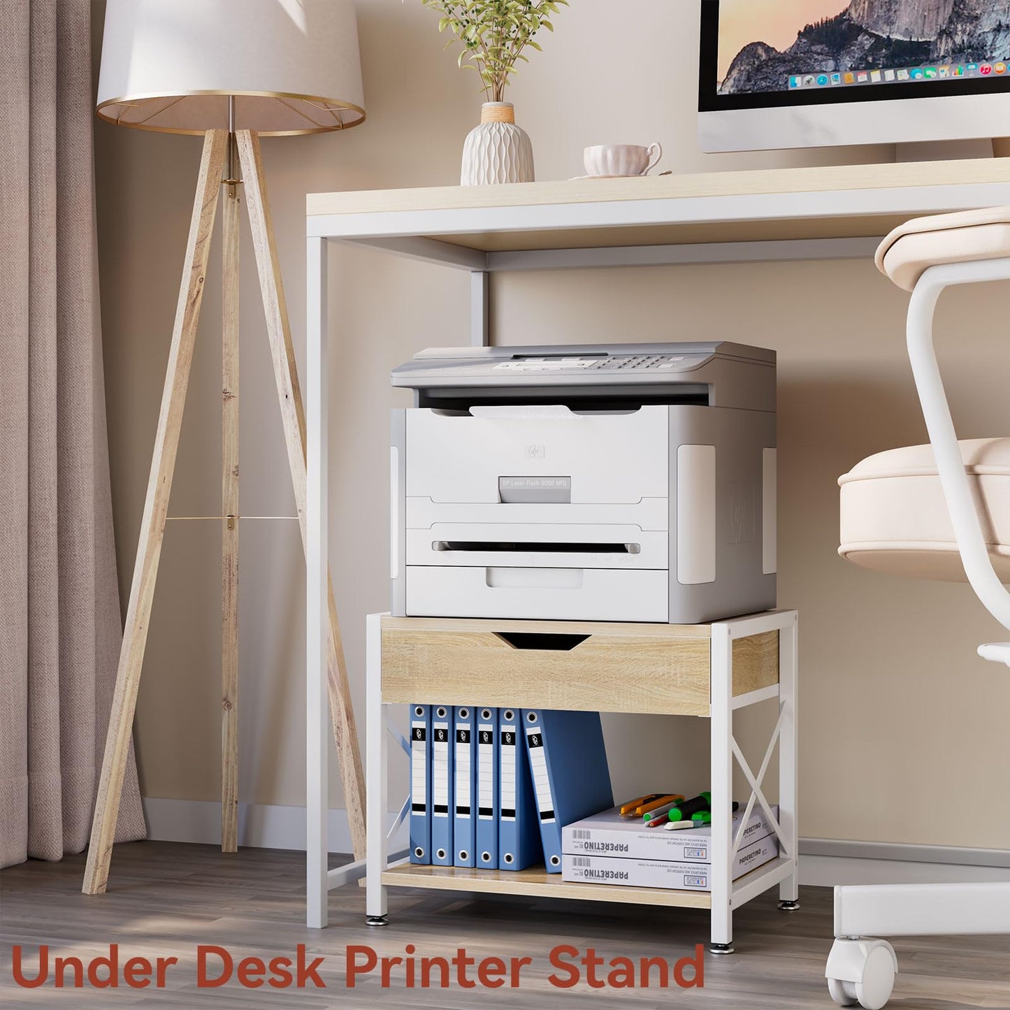 IBUYKE 2 Tier Desktop Printer Stand,Multi-Purpose Desk Organizer,Wooden Printer Stand with Drawer Storage for Folders,Books,for Fax Machine, Scanner,Home Office,Light Wood TLJ012R