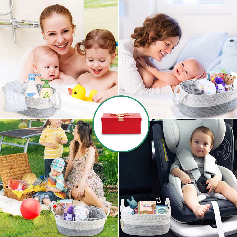 Lzellah Baby Diaper Caddy Organizer - Extra Large Nappy Caddy Rope Nursery Storage Bin - Baby Basket with 8 Pockets, 5 Compartments and 2 Removable Dividers