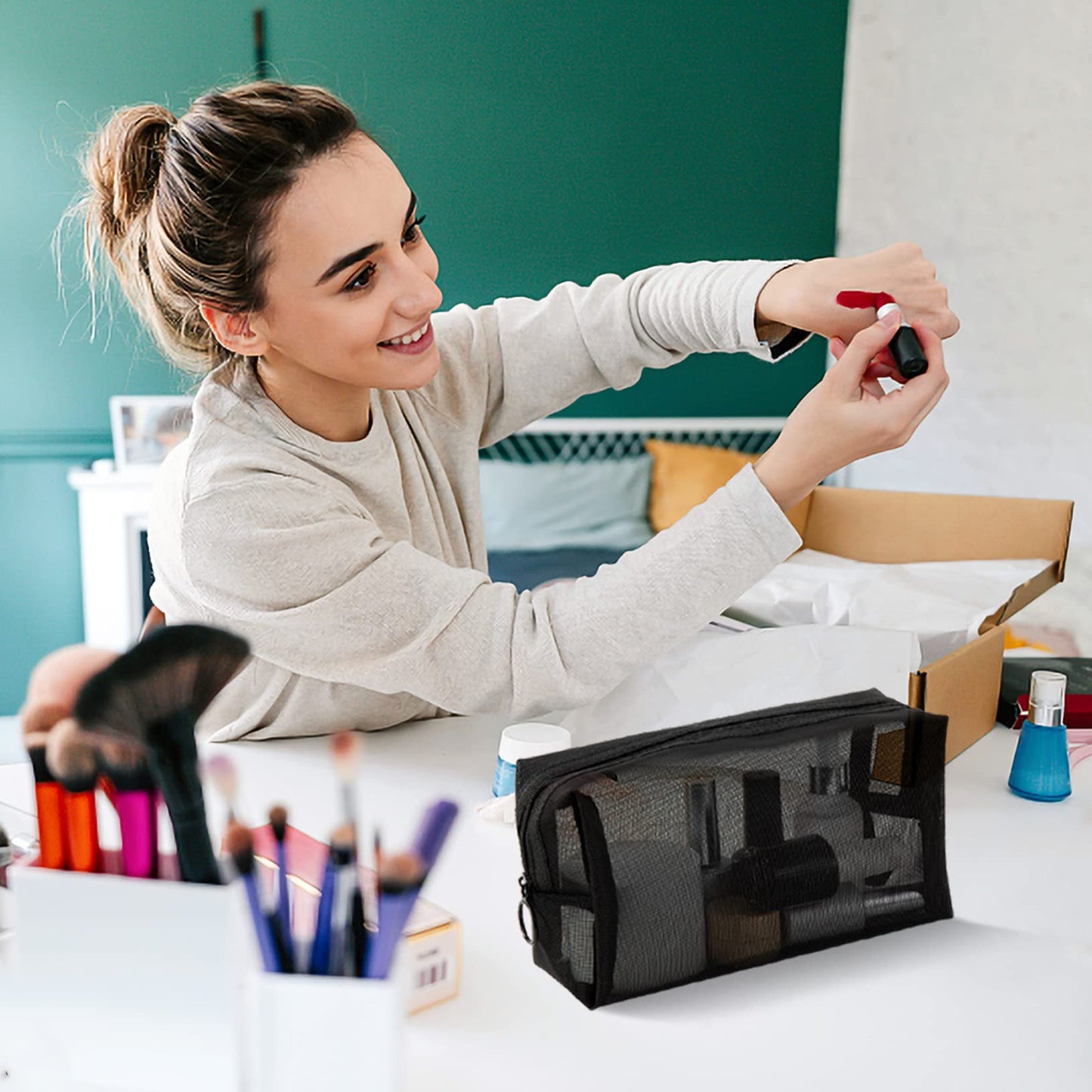 Unoutur pouch,Mesh Cosmetic Bag Portable Makeup Pouch Travel Toiletry Bag for Makeup Organizer Home Office Travel Accessories,6 Pieces Mesh Makeu