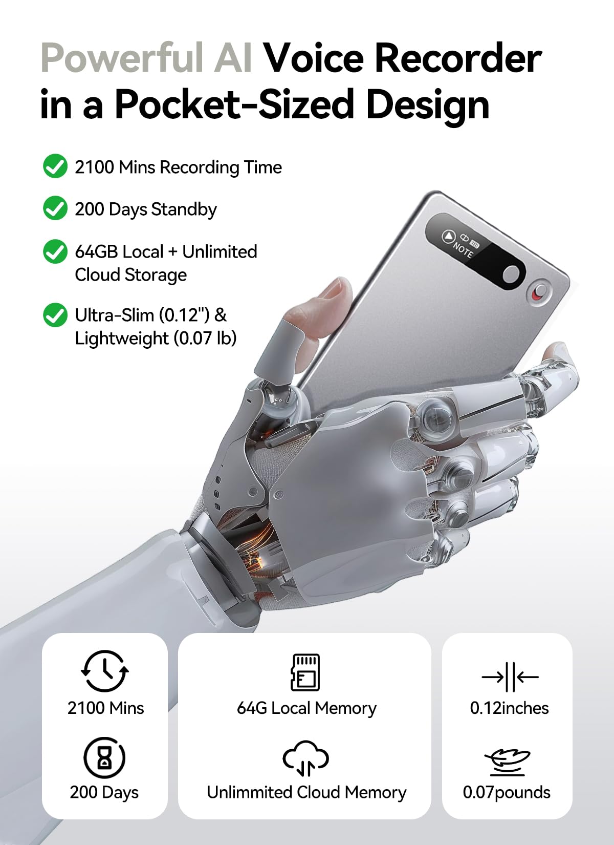 AI Voice Recorder with App Control, Advanced AI Technology for Transcription & Summarization, 64GB Memory, Magnetic Case, Supports 50 Languages – Audio Recorder for Lectures, Meetings, Interviews