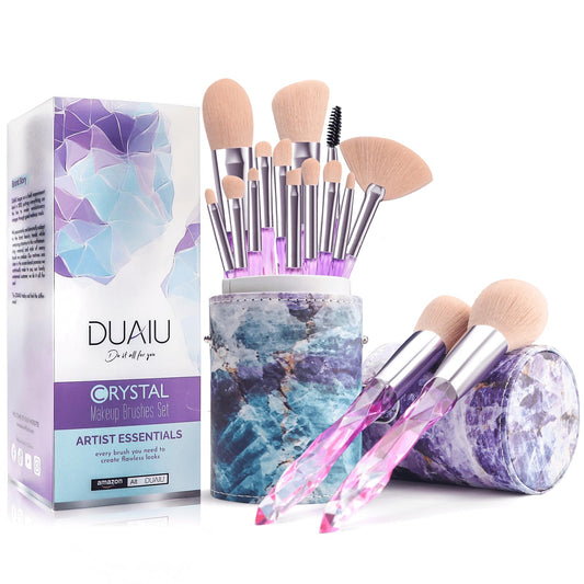 DUAIU Makeup Brushes 15pcs Premium Synthetic Bristles Crystal Handle Set Kabuki Foundation Brush Face Lip Eye Makeup Brush Sets Professional with Starry Gift Box (Pink)