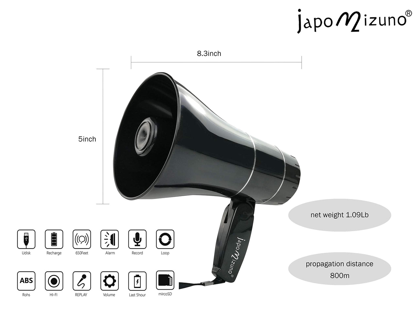 Rechargeable Bullhorn Megaphone Speaker with 240s Recording, Emergency Siren Alarm, U-Disk Playback Portable PA System for Outdoor Events, Coaching, Stadiums Rechargeable Battery Included (Black)