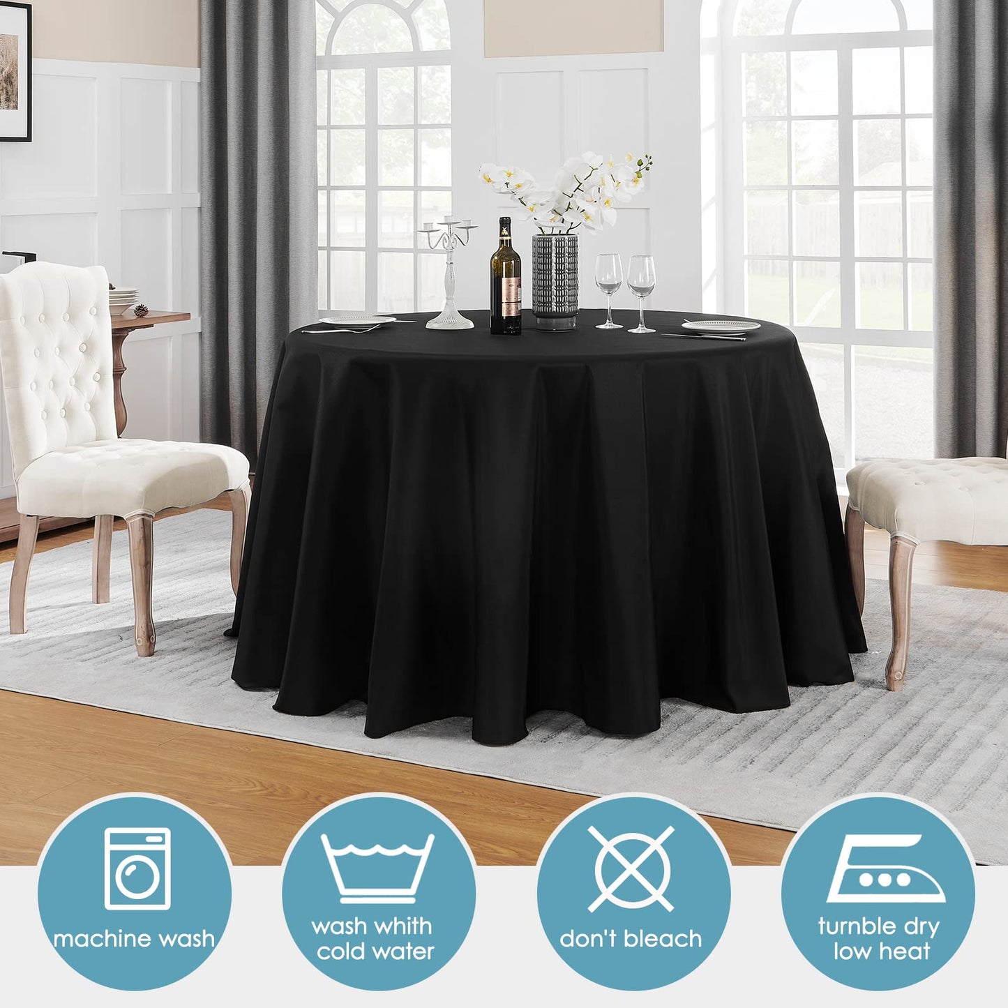 Vidafete 2 Pack 120inch Round Tablecloth Polyester Table Cloth，Stain Resistant and Wrinkle Polyester Dining Table Cover for Kitchen Dinning Party Wedding Rectangular Tabletop Buffet Decoration (Black)