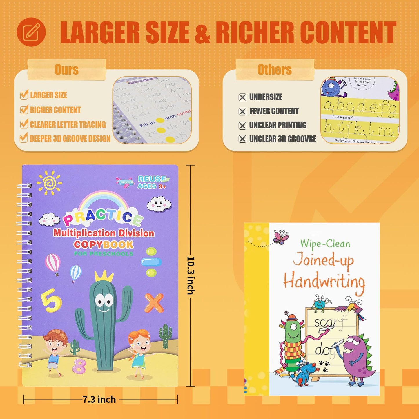 Upgraded Large Size Magic Practice Copybook for Kids, Reusable Grooved Handwriting Practice Book for Preschool Kids Age 3-8 Calligraphy with Catus Pens & Storage Bag (5PCS 7.3 * 10.3 inch)