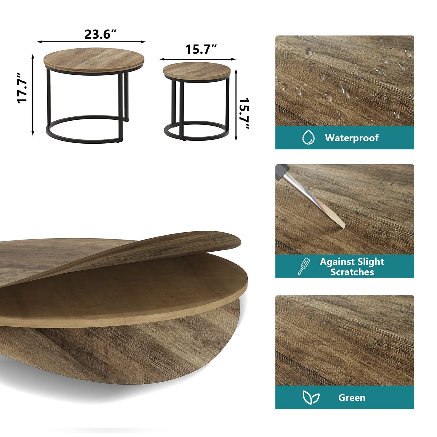 Smuxee Nesting Coffee Table Set of 2, 23.6" Round Coffee Table Wood Grain Top with Adjustable Non-Slip Feet, Industrial End Table Side Tables for Living Room Bedroom Balcony Yard