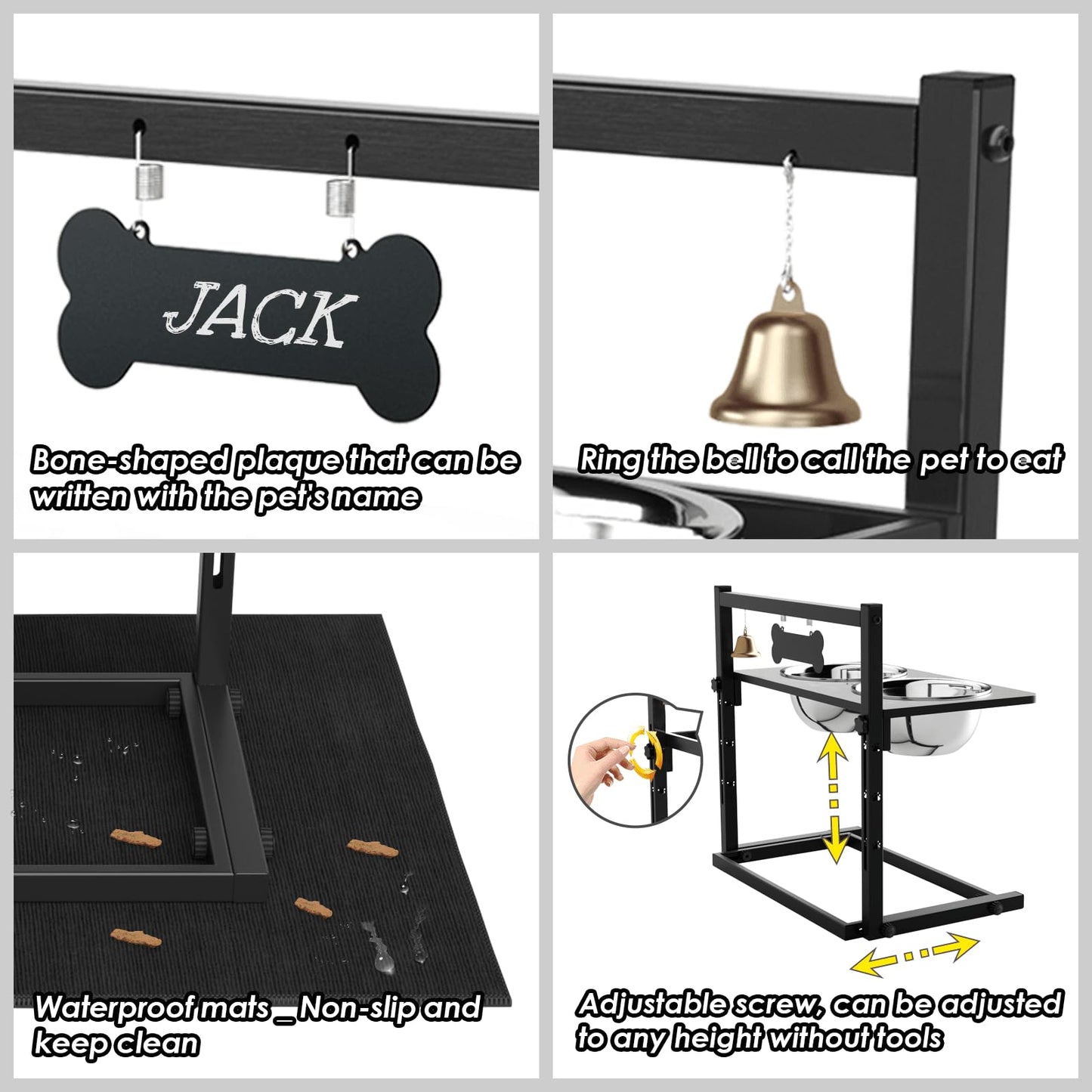 SHAINFUN Elevated Dog Bowls with Mat, Adjustable Height 4.3''-11.8'', Metal Stand, Two 1.7L Stainless Steel Food & Water Bowls for Large, Medium Dogs