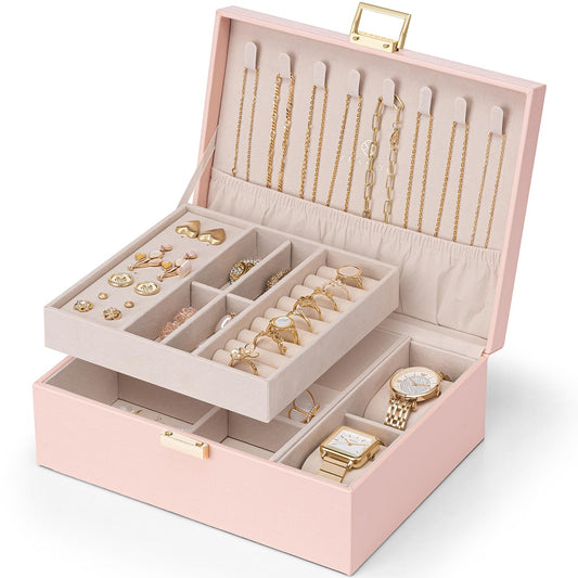Vlando 2 Layer Jewelry Box Large Jewelry Organizer for Women Removable Jewelery Tray with Watch Pillow for Necklace Earrings Rings Bracelets Jewelry Boxes for Christmas Gifts Mother's Day Gifts (Pink)