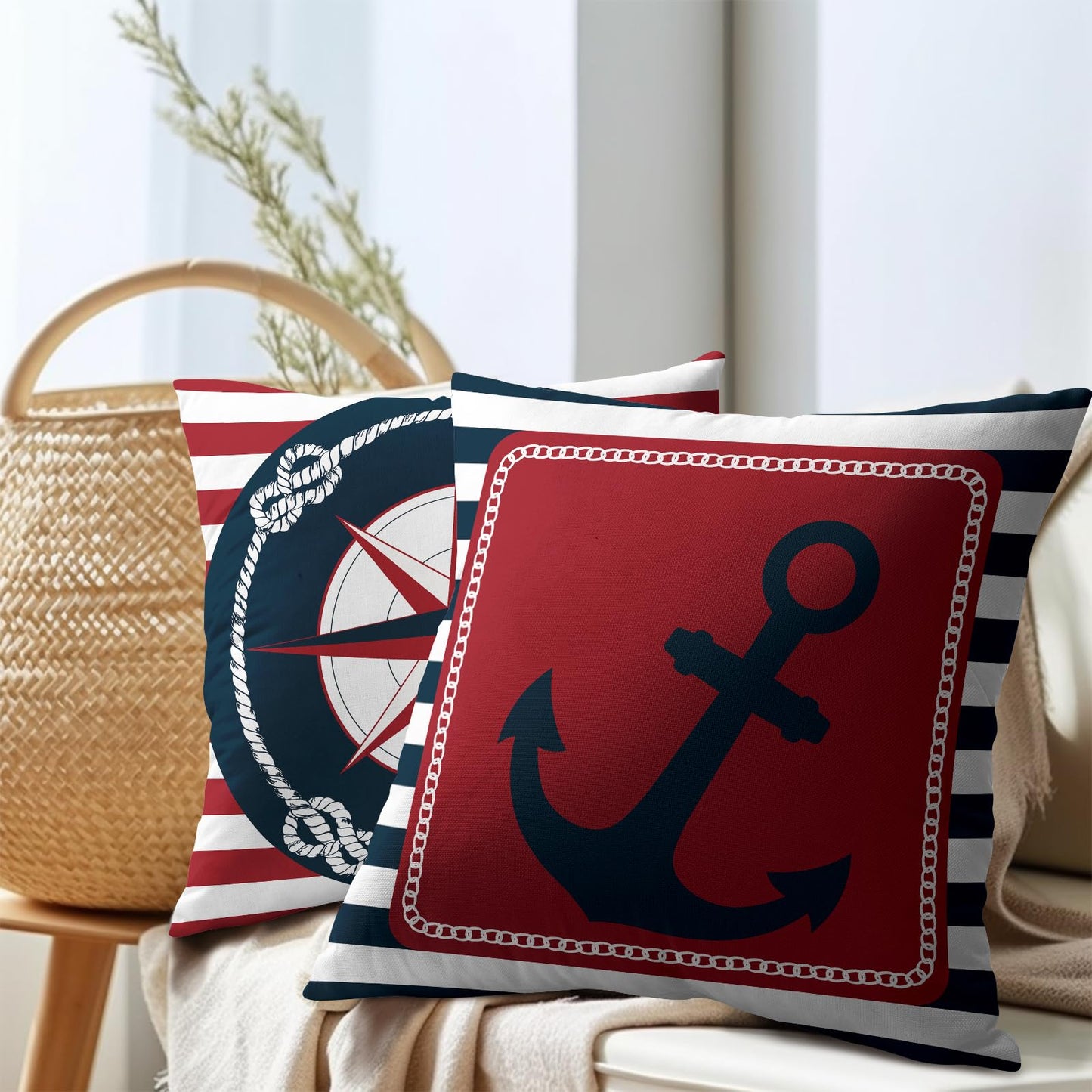 Anchor Compass Throw Pillow Cases Outdoor Nautical Pillow Covers Blue and White Stripes Decorative Cushion Cover 18x18 Inch Red and White Cotton Linen Pillowcases for Beach Coast Home Bedroom