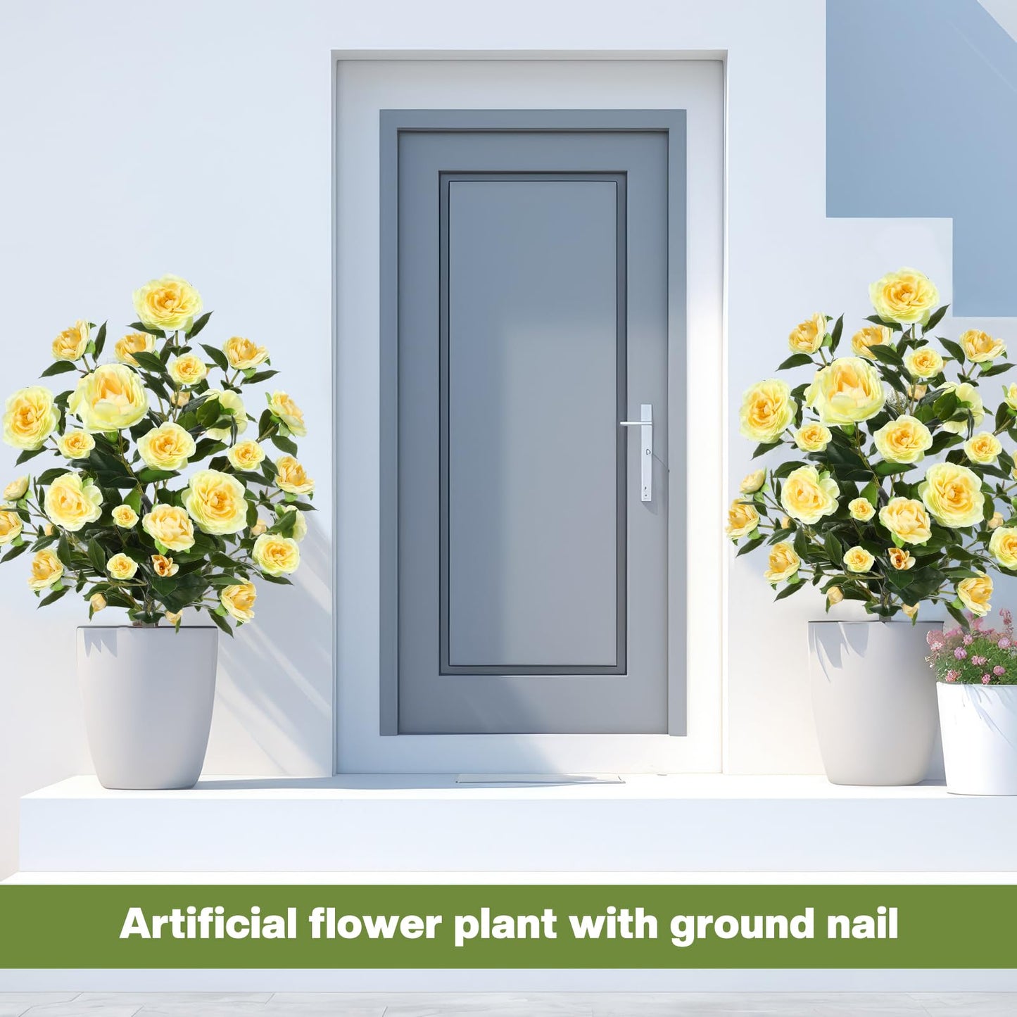 Lunmon 2 Pack 36" Artificial Camellia Tree Plants 3ft Faux Camellia Flower with Spike UV Resistant Fake Floral Blooming Bush for Indoor Outdoor Wedding Front Door Porch Garden Backyard Garden(Yellow)