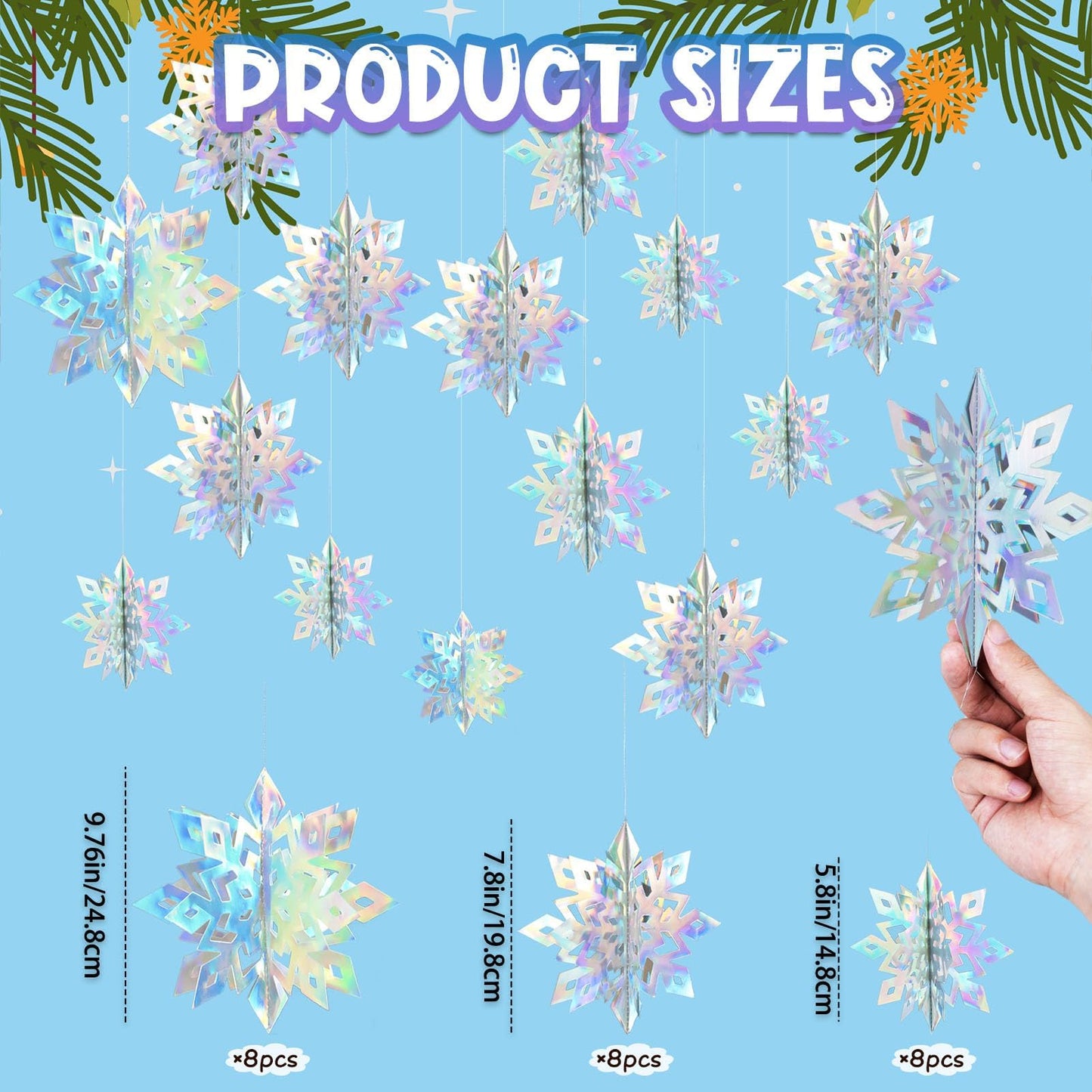 OuMuaMua 24PCS 3D Laser Iridescent Snowflakes Hanging Decorations for Christmas Winter Wonderland Holiday Home Decorations Indoor