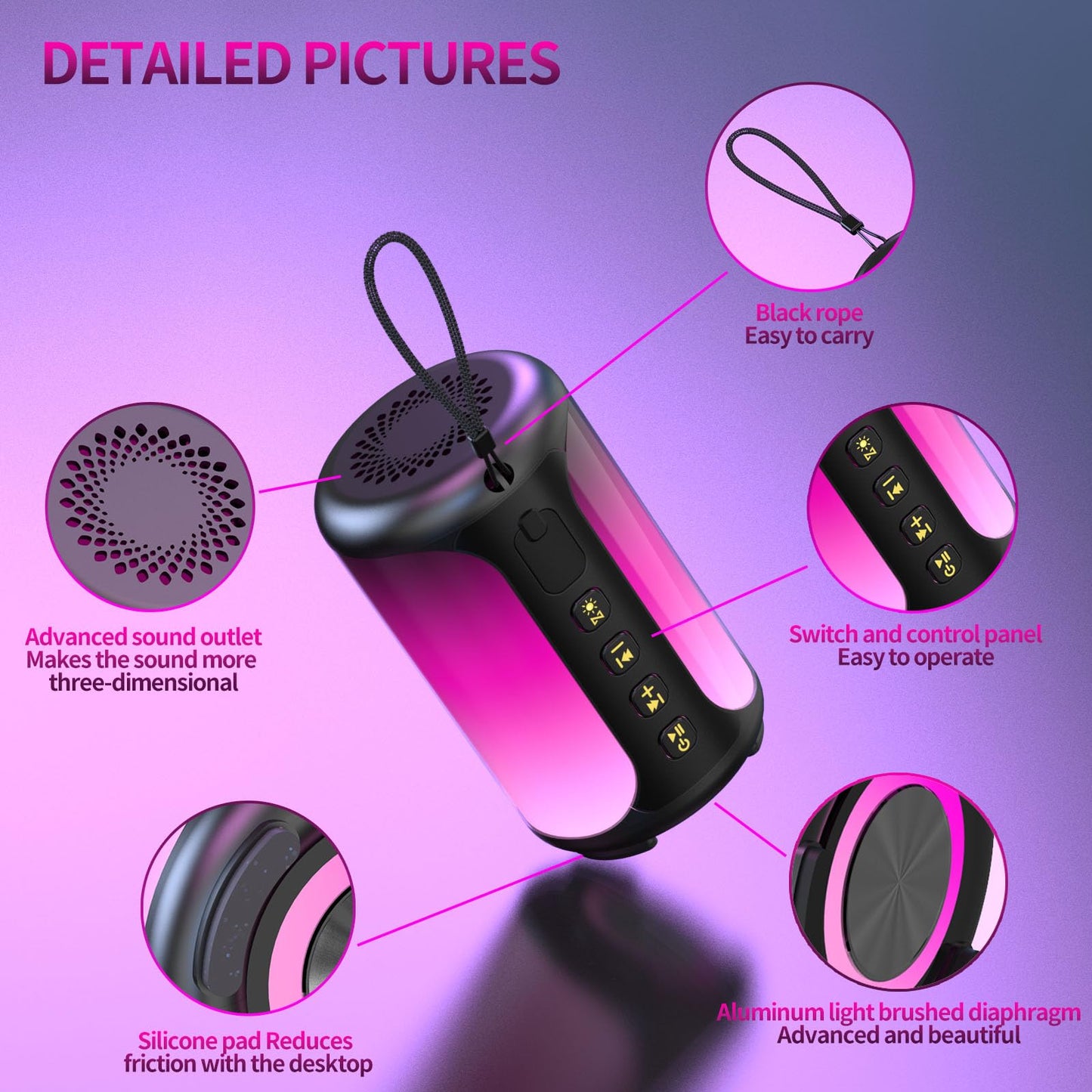 Jierben Portable Bluetooth Speaker, 3D Surround Sound, Bluetooth 5.4, LED Light, Wireless Stereo Pairing, 24 Hours Playing Time, IPX7 Waterproof, Suitable for Home/Outdoor/Party/Beach, Birthday Gift