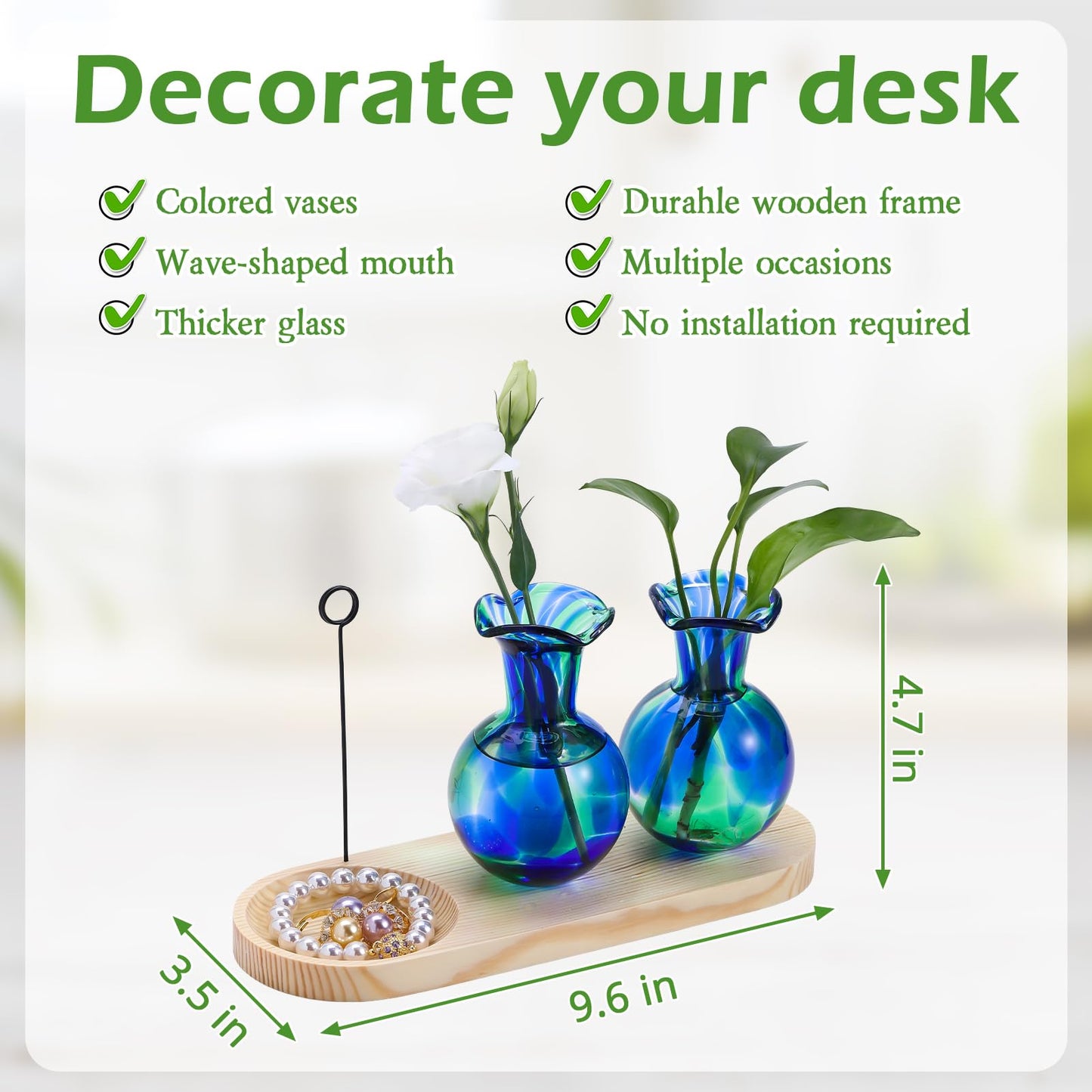 Pozfun Tabletop Hand Blown Glass Plant Propagation Stations Planter Terrarium with Wooden Jewelry Tray and Photo Holder Hydroponic Plants Centerpiece Office Home Garden Decor
