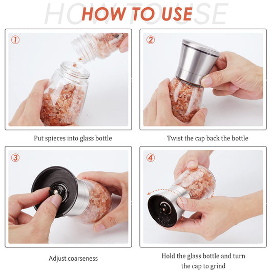 Ebaco Salt and Pepper Grinder Set - Refillable Grinder Adjustable Coarseness of Pepper Salt Spice Stainless Steel Mills Glass 6oz（2 Pack）