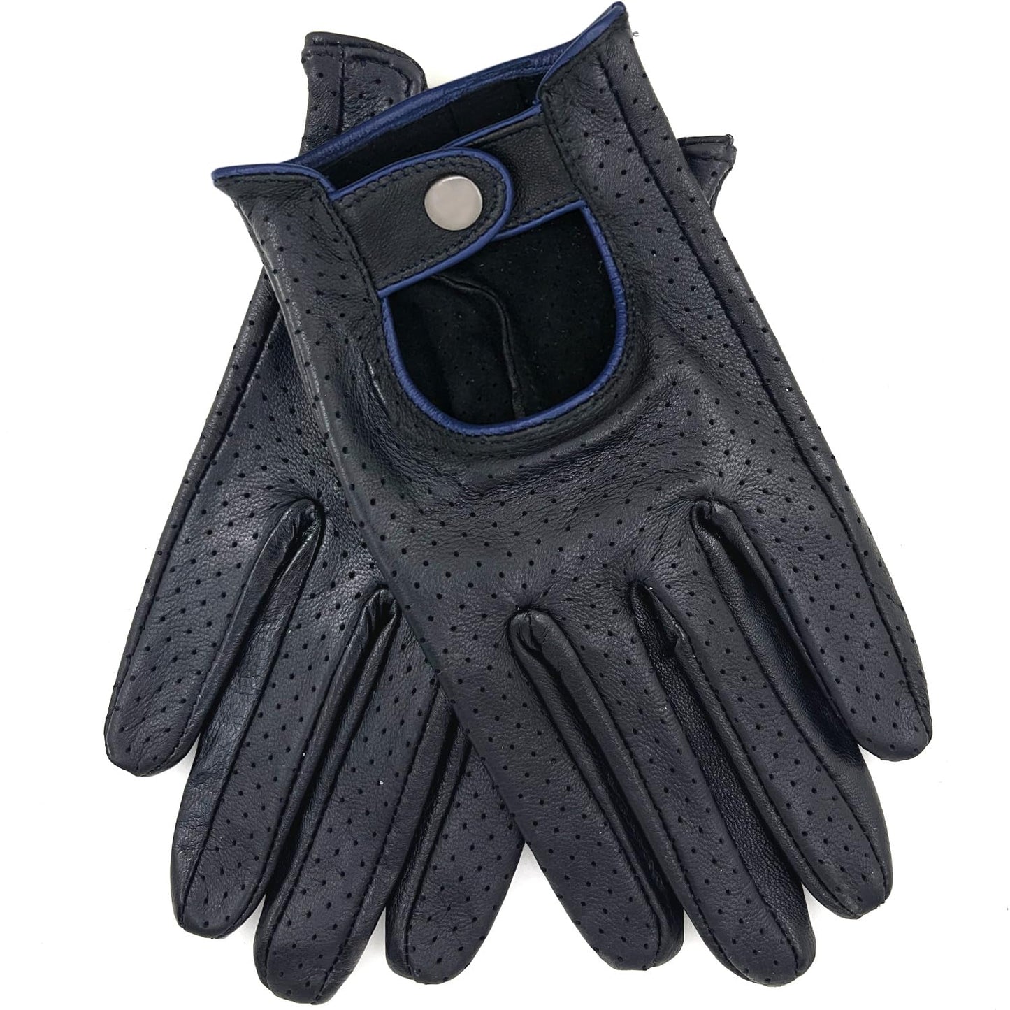 Zjjseloru Mens Genuine Lambskin Leather Driving Gloves Unlined, Touchscreen, Black&blue, XXL