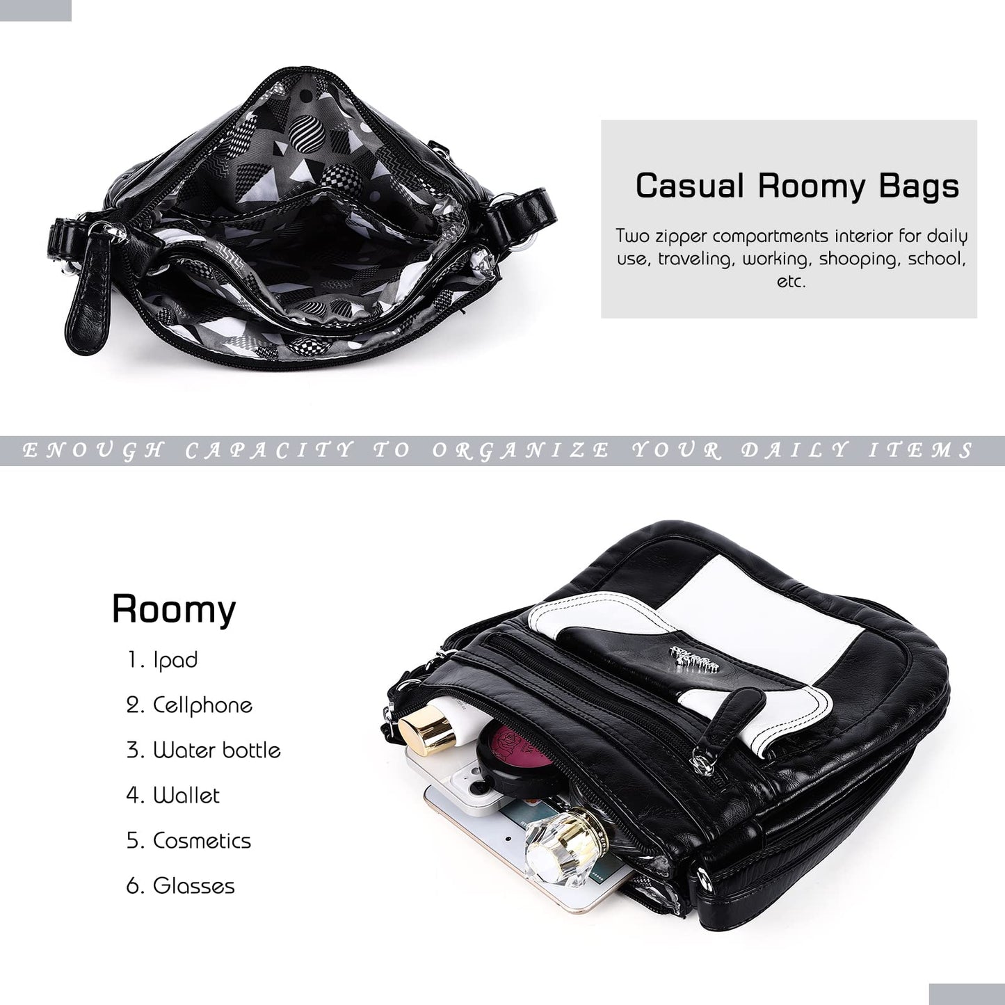 Angel Kiss Crossbody Bags for Women PU Leather Shoulder Handbag Ladies Purses and Handbag with adjustable Strap Black White