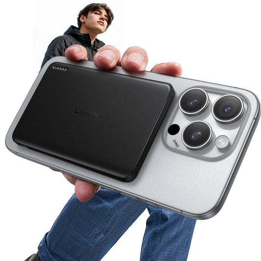 LISEN 0.3‘’ Ultra Slim MagSafe Portable Charger iPhone,Alloy 5,000mAh Wireless Card Slim MagSafe Battery Pack,Essential Phone Accessories,Magnetic Power Bank for iPhone 16e Pro Max/15/14/13/12,Glacier