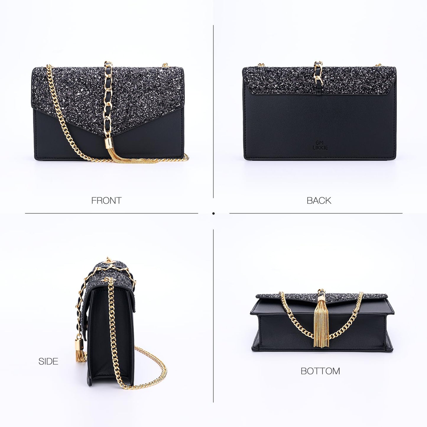 GM LIKKIE Crossbody Clutch Purse for Women, Glitter Evening Bag, Sequin Tassel Wedding Handbag for Party (Black2)