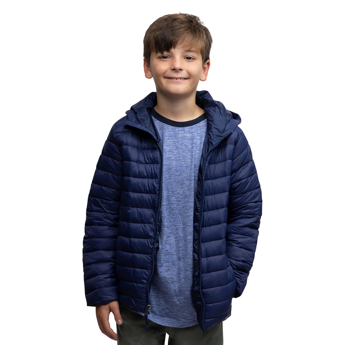 Lands' End Kids Full Zip Lightweight Thermoplume Hooded Jacket, Navy, Large